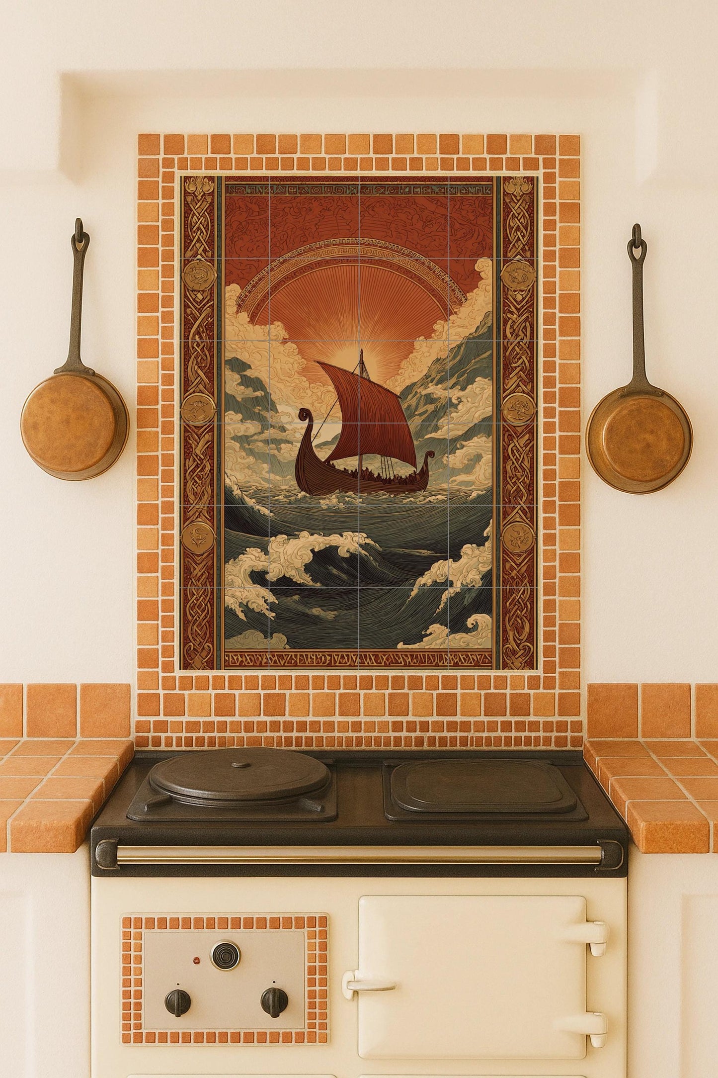 Viking travel ceramic mural: Norse mythology art, ocean adventure scene, golden horizon design, antique Nordic decorative piece