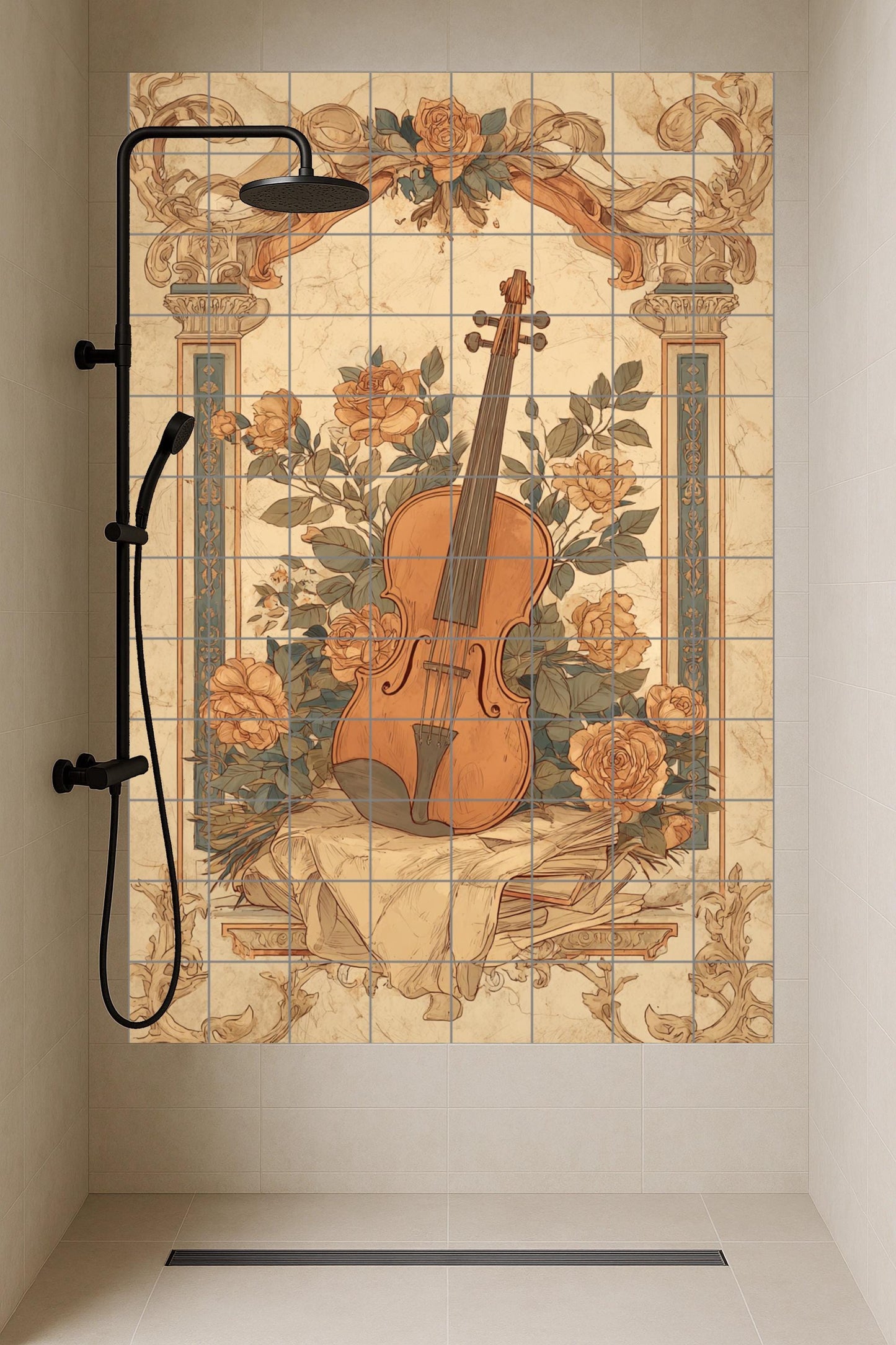 Ceramic mural of violin and roses: vintage musical art, classic still life composition, ornamental floral design, romantic wall decoration.