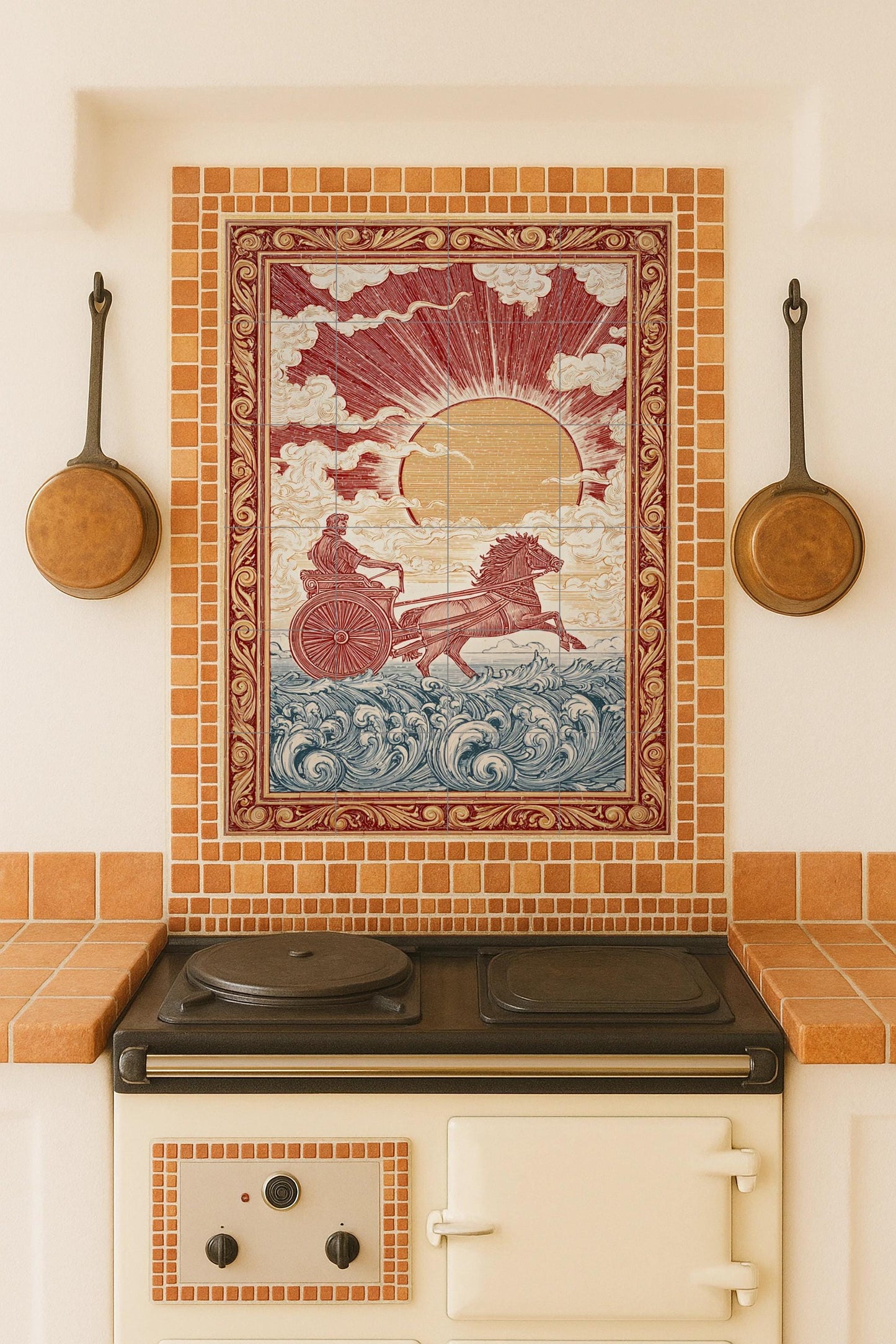 Ceramic mural of the Chariot of the Sun: Mythological art of dawn, classic decorative wall design, radiant horse scene, ancient composition
