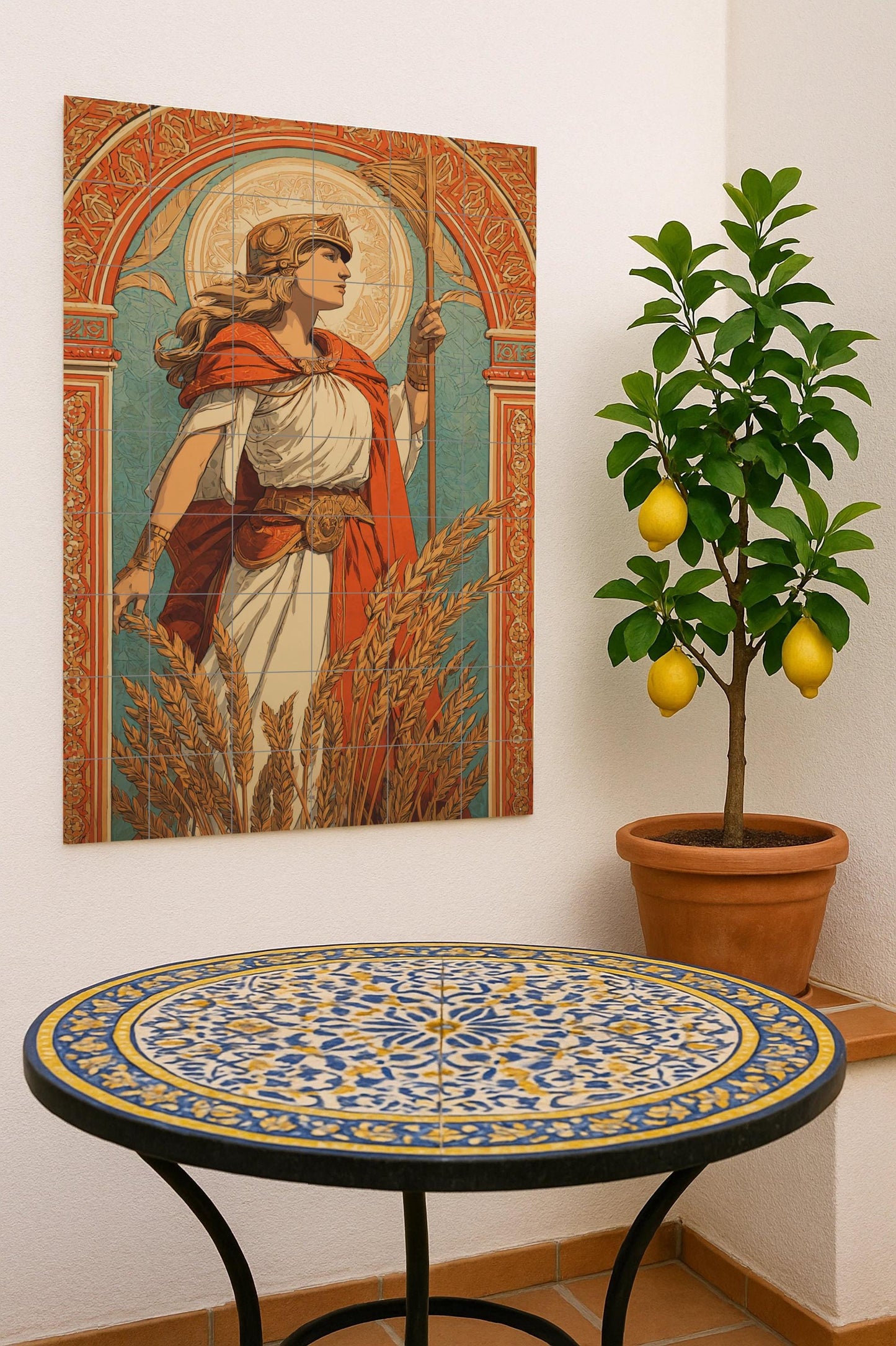 Ceramic mural of the Goddess of the Harvest: Classical allegorical art, Renaissance Art Nouveau, Composition of golden wheat, Design of a mythical female figure