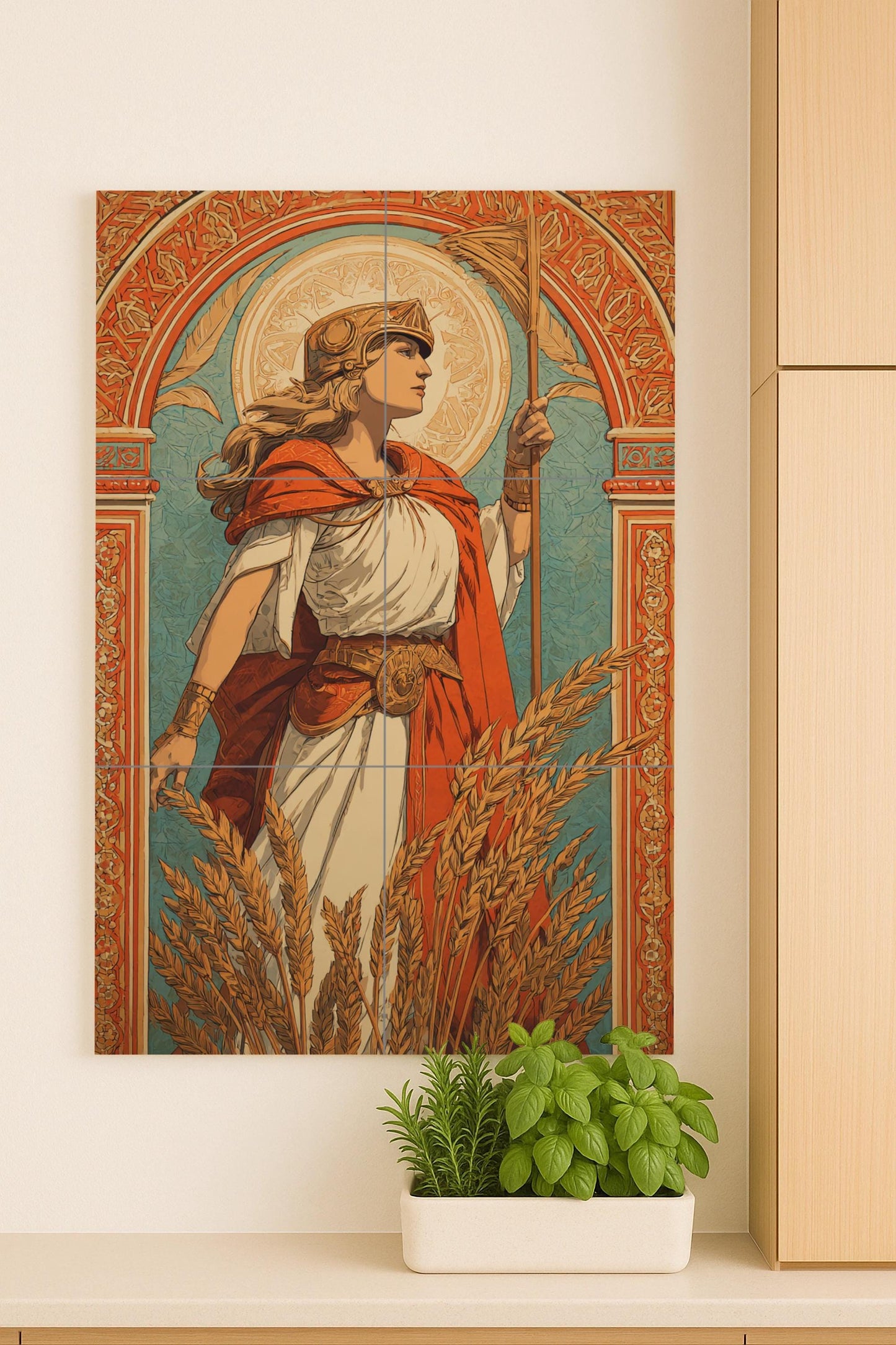 Ceramic mural of the Goddess of the Harvest: Classical allegorical art, Renaissance Art Nouveau, Composition of golden wheat, Design of a mythical female figure