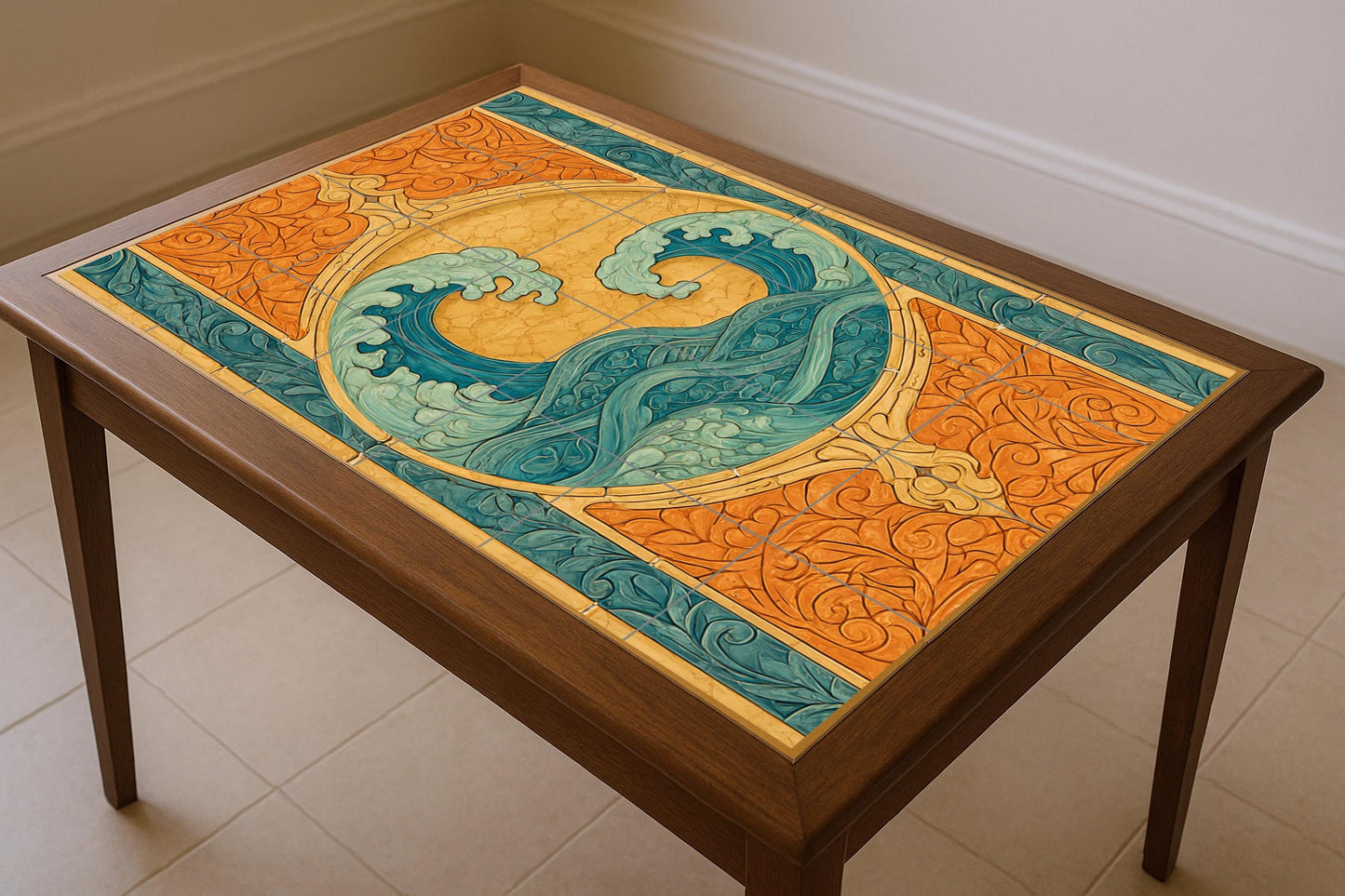 "Oceanic Harmony" Ceramic Mural: Art Nouveau wave design, decorative wall composition, turquoise flow pattern, vintage abstract marine art