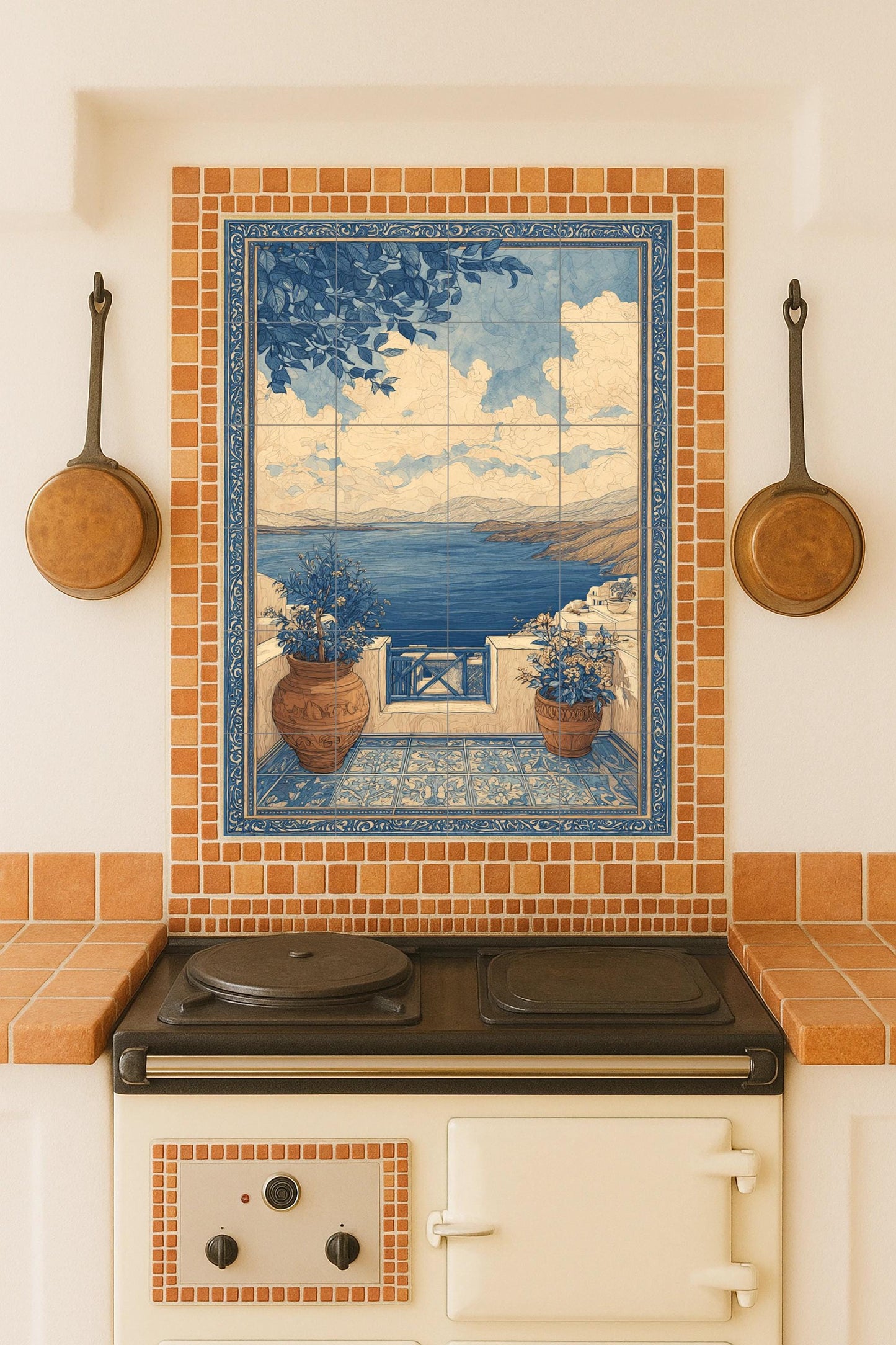 Mediterranean terrace ceramic mural: coastal skyline view, blue ceramic scene, seaside balcony design, classic landscape mural art