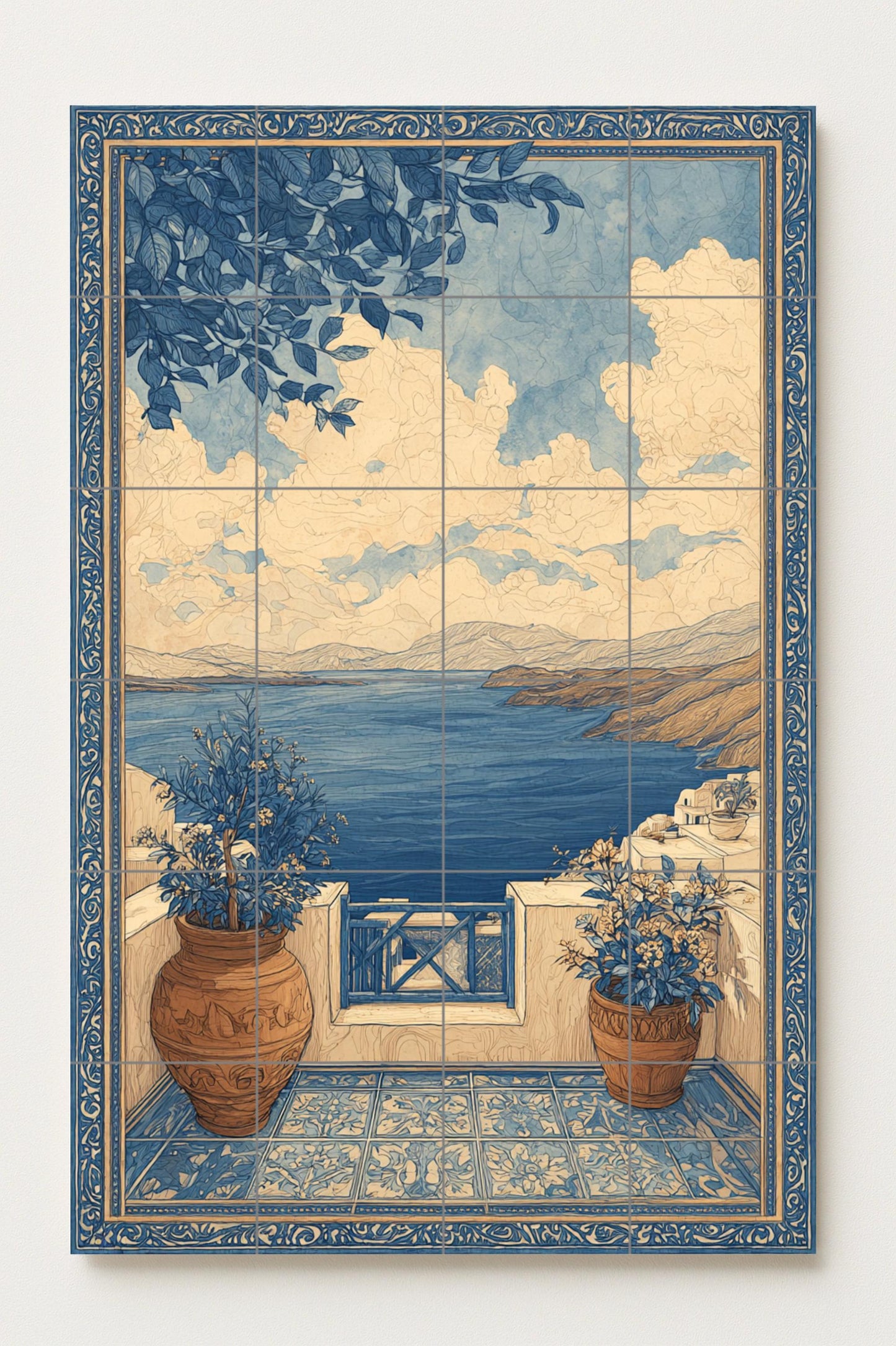 Mediterranean terrace ceramic mural: coastal skyline view, blue ceramic scene, seaside balcony design, classic landscape mural art