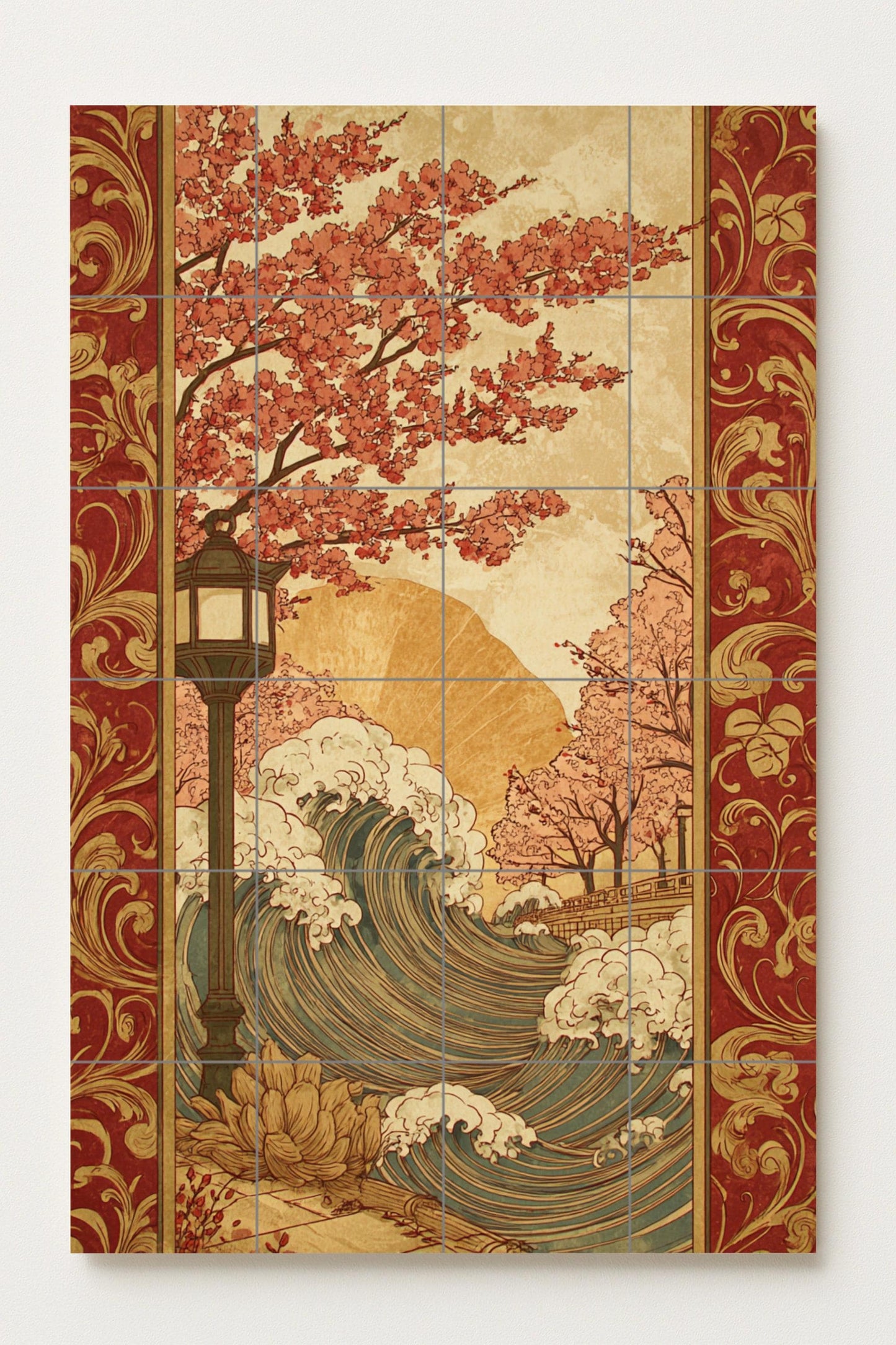 Ceramic mural of golden waves and flowers: vintage decorative art, oriental landscape, Art Nouveau floral design, flowing water