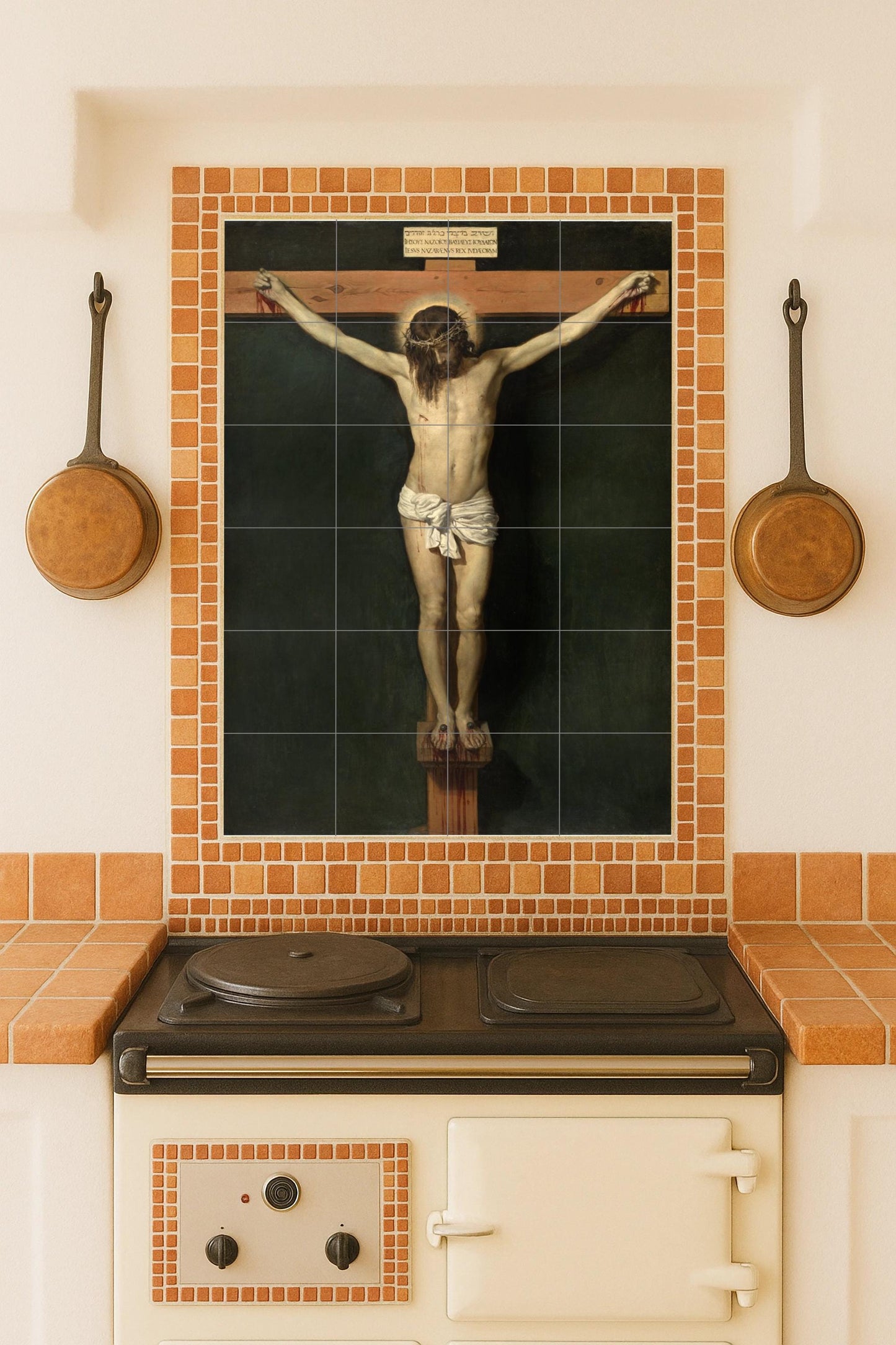 Ceramic mural of the Crucifixion: masterpiece – Classical sacred art, Renaissance realism, religious mural composition, dramatic figurative design