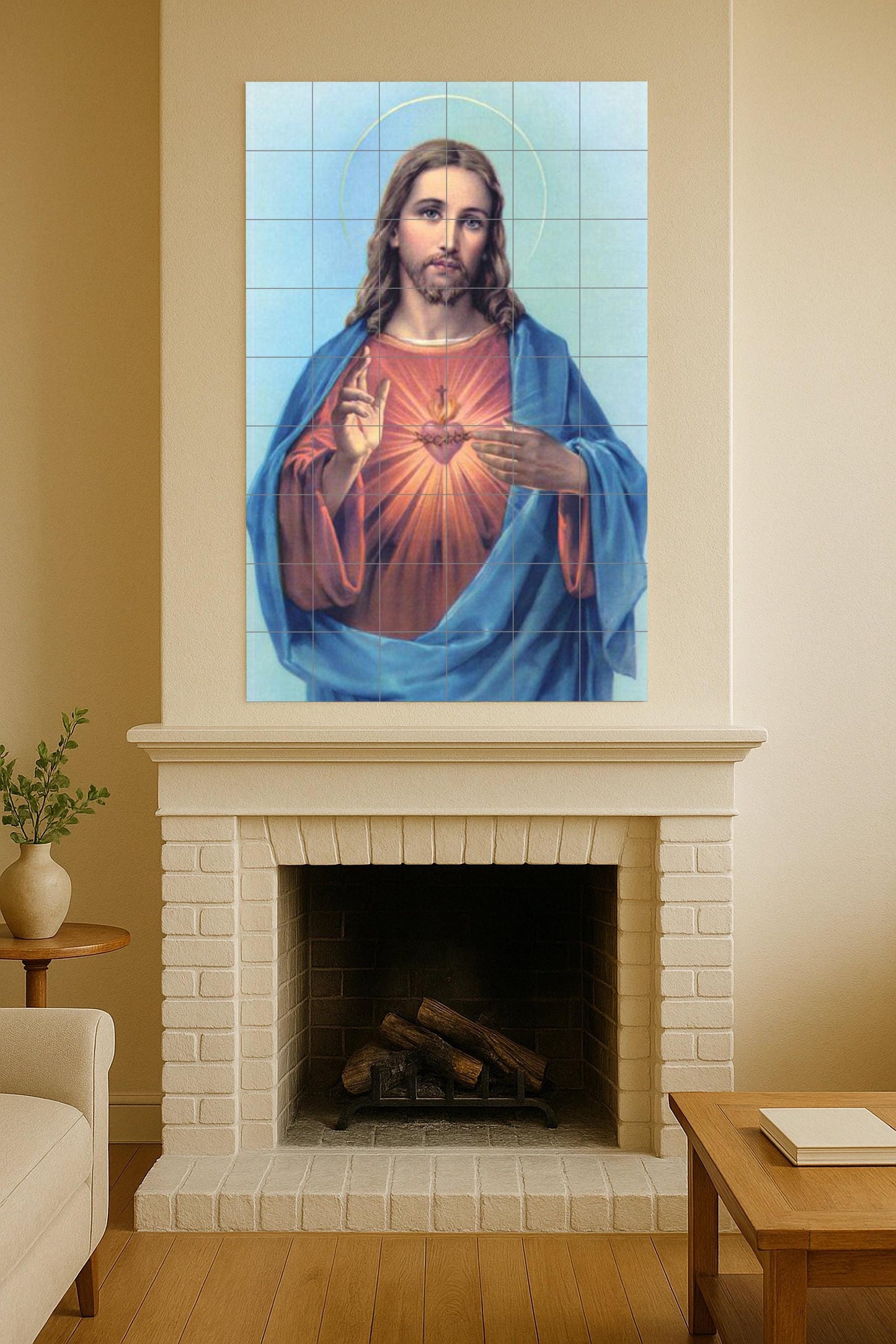 Ceramic mural of the Sacred Heart of Christ: luminous devotional art in classic blue and red tones, a spiritual and serene wall piece, a sacred representation.
