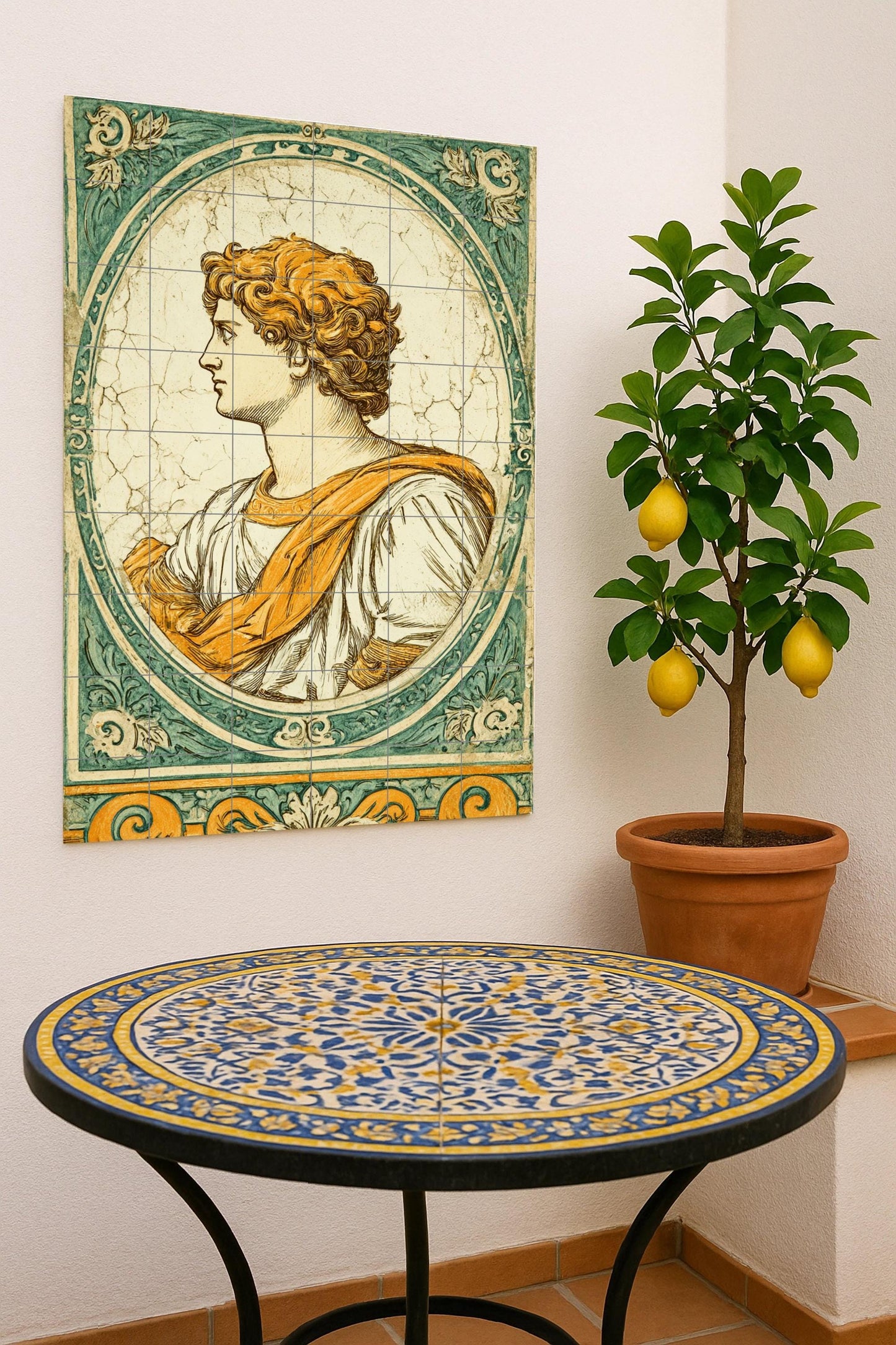 Ceramic mural of a Roman portrait: classical bust design, neo-renaissance art, ancient profile composition, historical wall decorative piece.