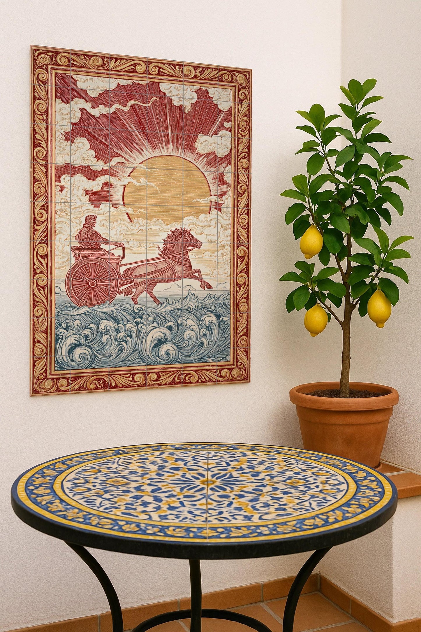 Ceramic mural of the Chariot of the Sun: Mythological art of dawn, classic decorative wall design, radiant horse scene, ancient composition