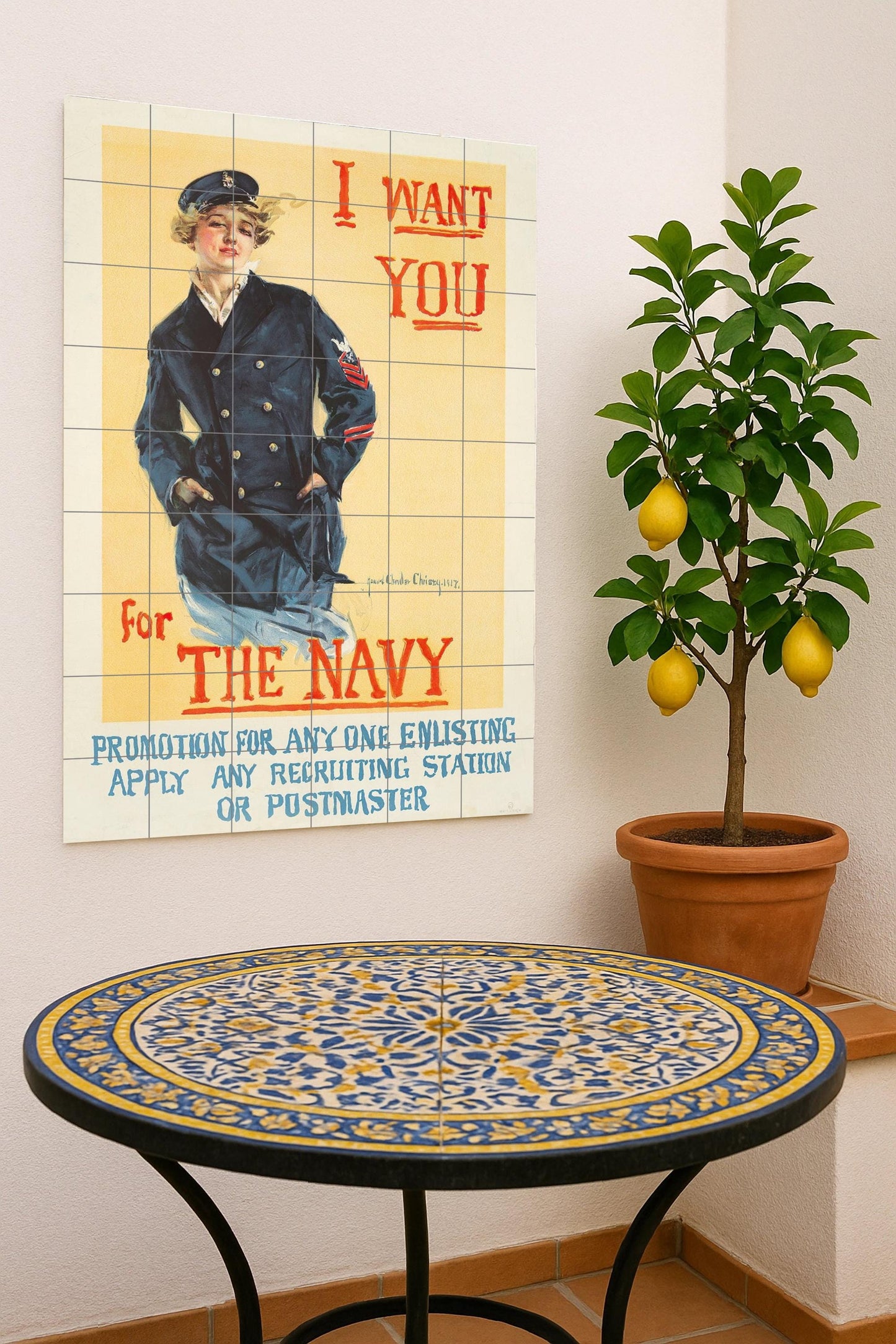 I Want You for the Navy – Howard Chandler Christy ceramic mural, 1917 US Navy recruitment poster, in vintage patriotic style.