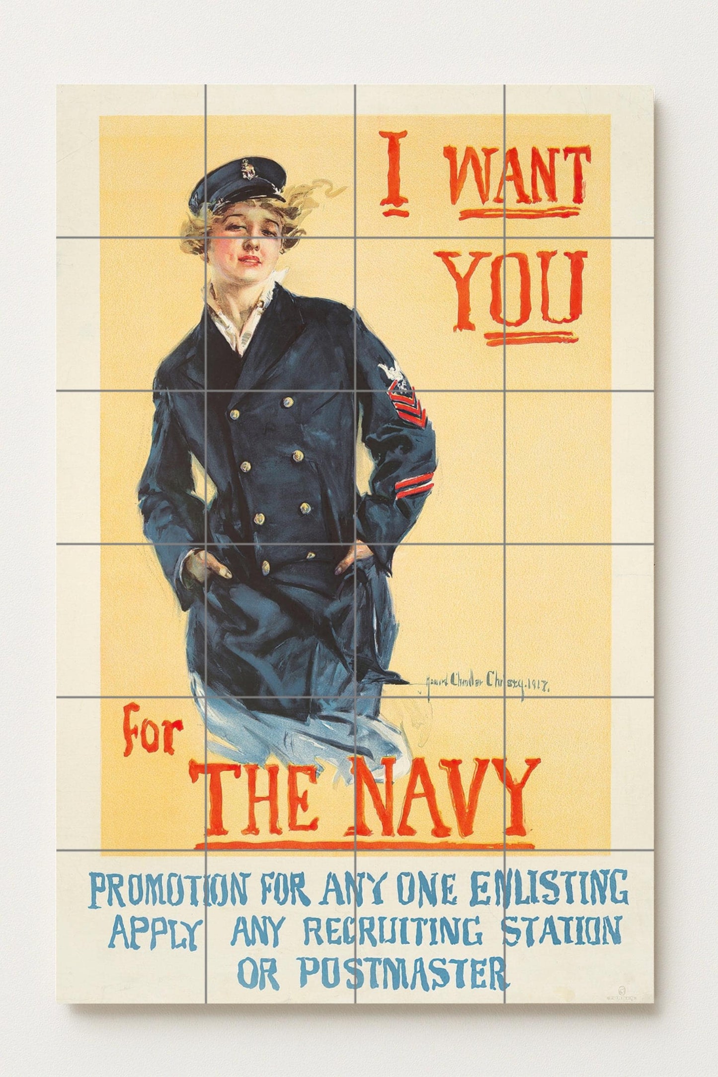 I Want You for the Navy – Howard Chandler Christy ceramic mural, 1917 US Navy recruitment poster, in vintage patriotic style.