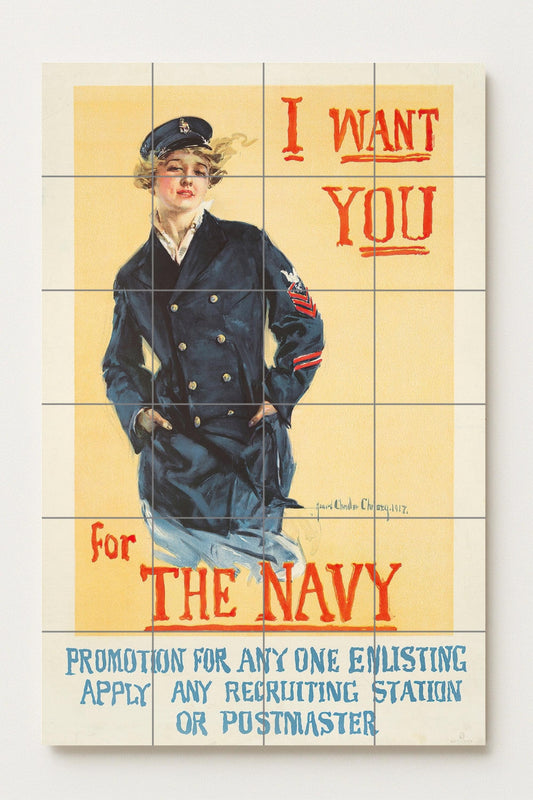 I Want You for the Navy – Howard Chandler Christy ceramic mural, 1917 US Navy recruitment poster, in vintage patriotic style.