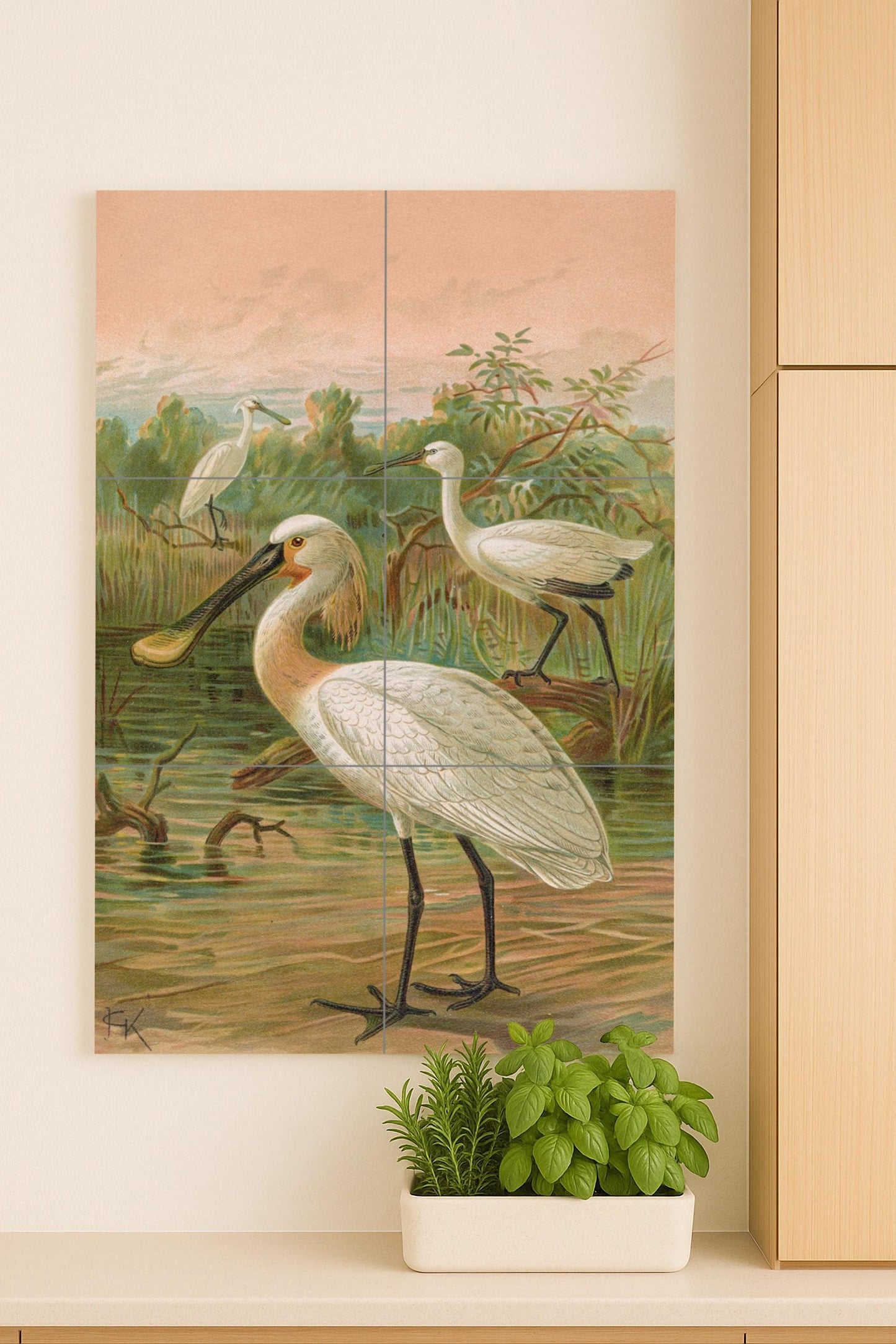Spoonbills at dawn: Ceramic mural depicting elegant birds in a serene wetland landscape