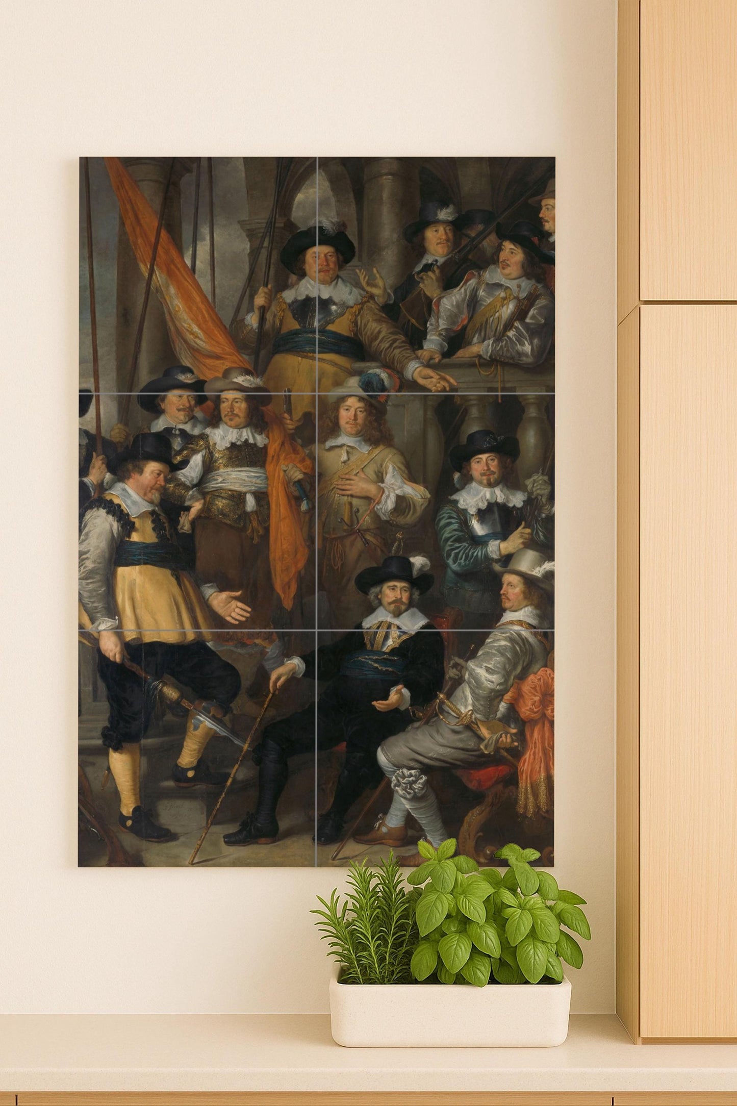 The militia gathering: Dutch Baroque ceramic mural with Golden Age details and historical grandeur