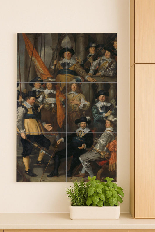 The militia gathering: Dutch Baroque ceramic mural with Golden Age details and historical grandeur