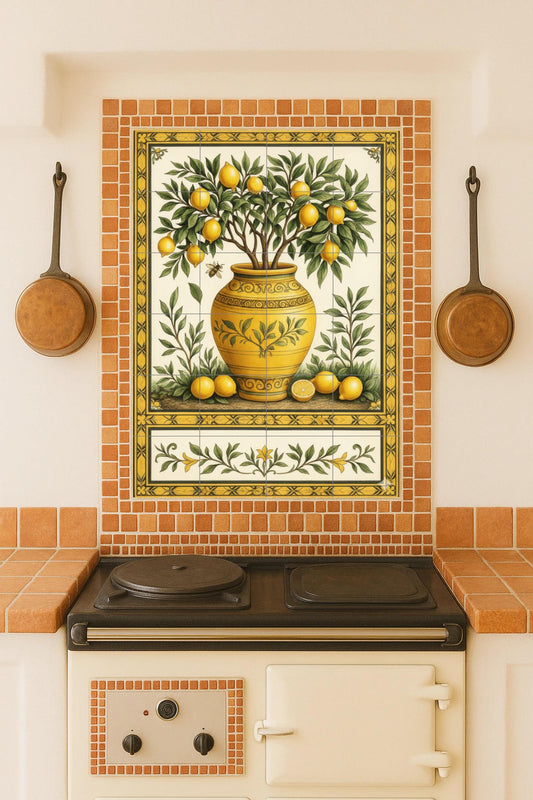 Lemon tree in ornamental vase: Mediterranean ceramic mural with golden details and botanical elegance