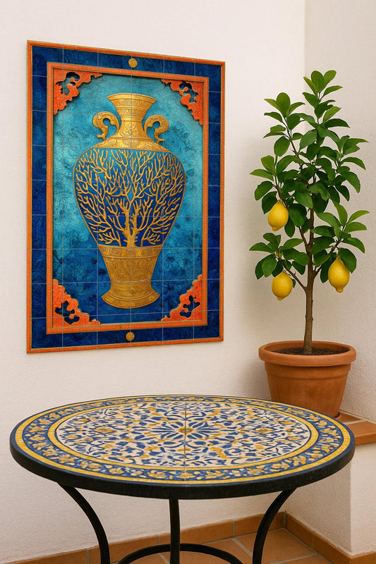 Golden Coral Dream Vase – Exquisite Ceramic Mural in Blue and Amber Tones, Ornamental Vessel Design with Marine Motifs and Symmetry