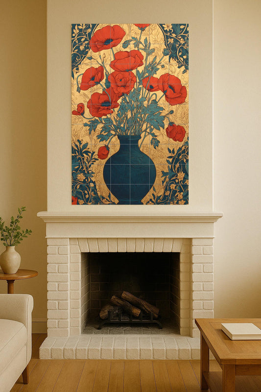Poppies in Gold – Art Nouveau ceramic mural with scarlet flowers and deep blue vase, European decorative artwork with elegant golden tiles.