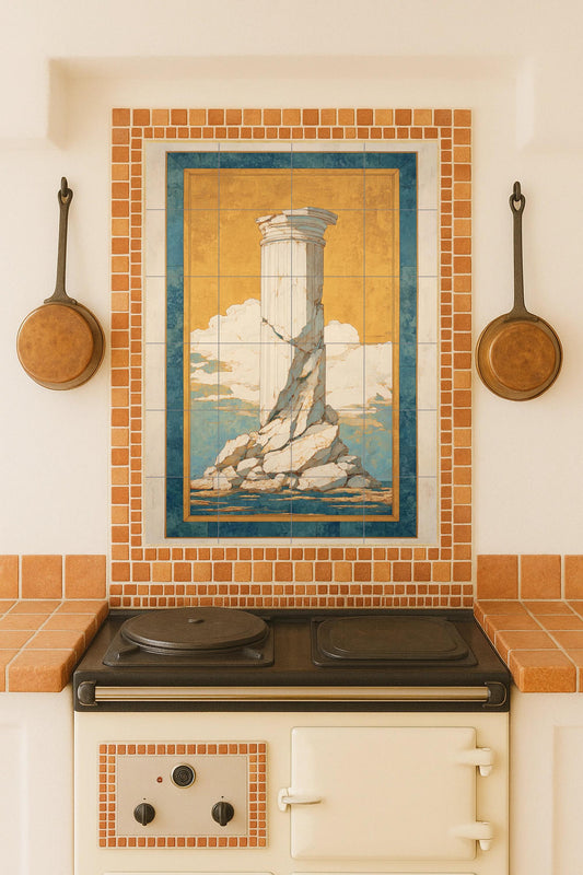 Echoes of Antiquity: Ceramic mural with classical columns, artwork with Mediterranean tiles featuring a golden sky and blue horizon, architectural elegy