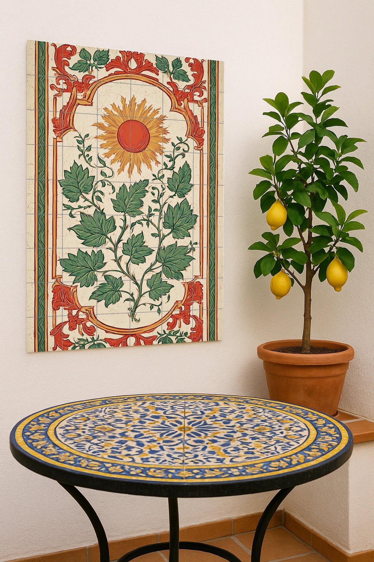 Solar ornament: Modernist ceramic mural with solar motif and green foliage, Catalan Renaissance tile artwork in harmony between red, gold and green.
