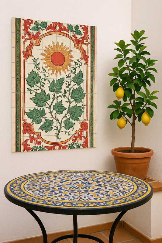 Solar ornament: Modernist ceramic mural with solar motif and green foliage, Catalan Renaissance tile artwork in harmony between red, gold and green.