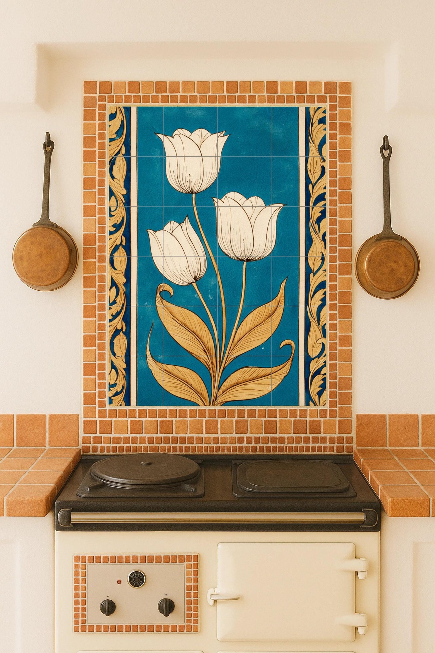 Harmony of Golden Tulips: Ceramic mural with Aegean blue glaze, stylized floral artwork on tiles with elegant classical ornamentation.