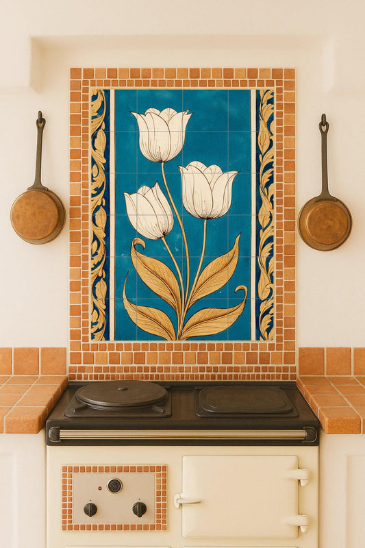 Harmony of Golden Tulips: Ceramic mural with Aegean blue glaze, stylized floral artwork on tiles with elegant classical ornamentation.
