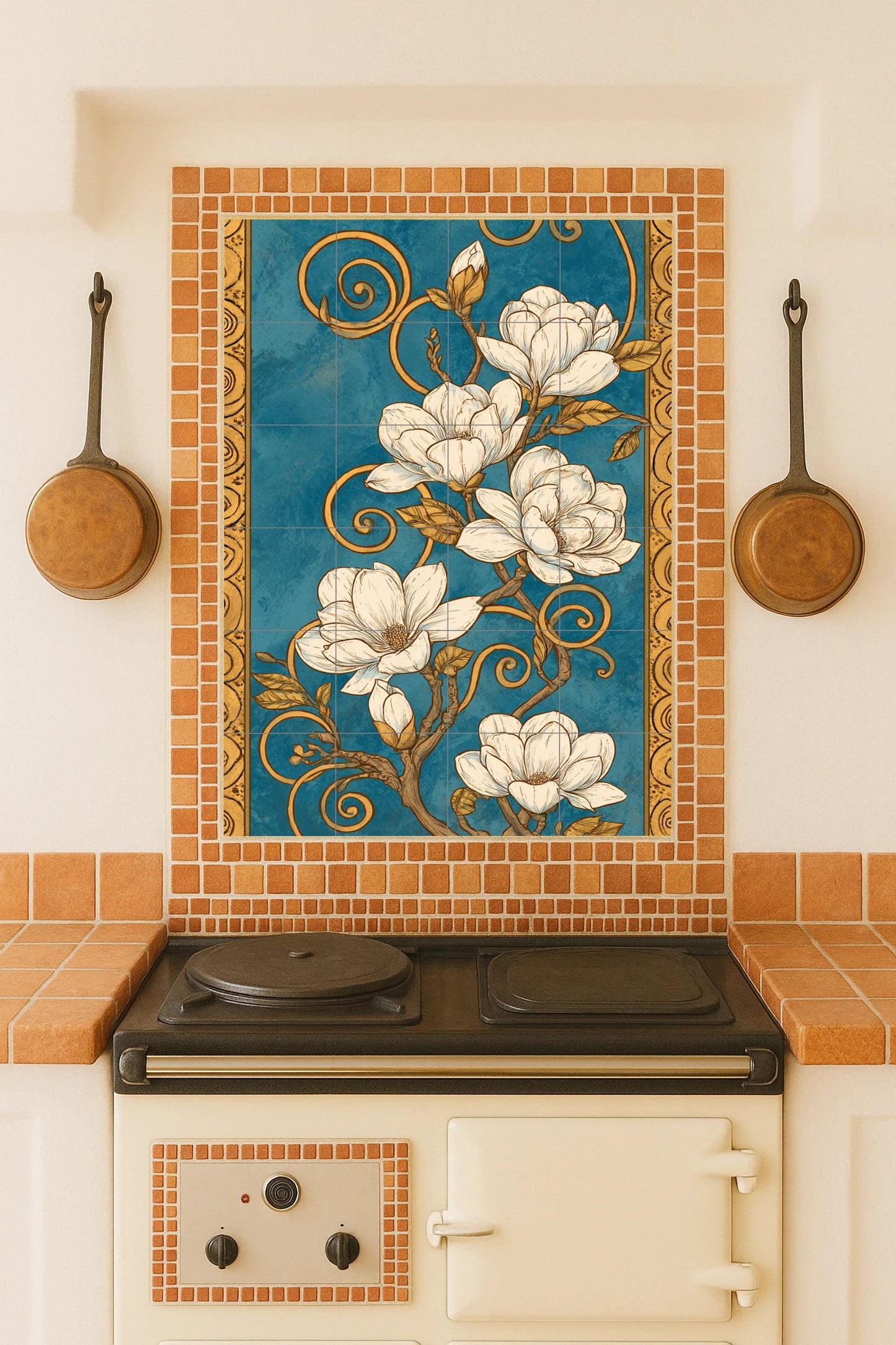 Reverence to the Magnolia: Art Nouveau ceramic mural in cobalt and gold, ornamental botanical composition with flowering lines.