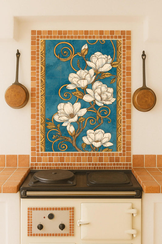 Reverence to the Magnolia: Art Nouveau ceramic mural in cobalt and gold, ornamental botanical composition with flowering lines.