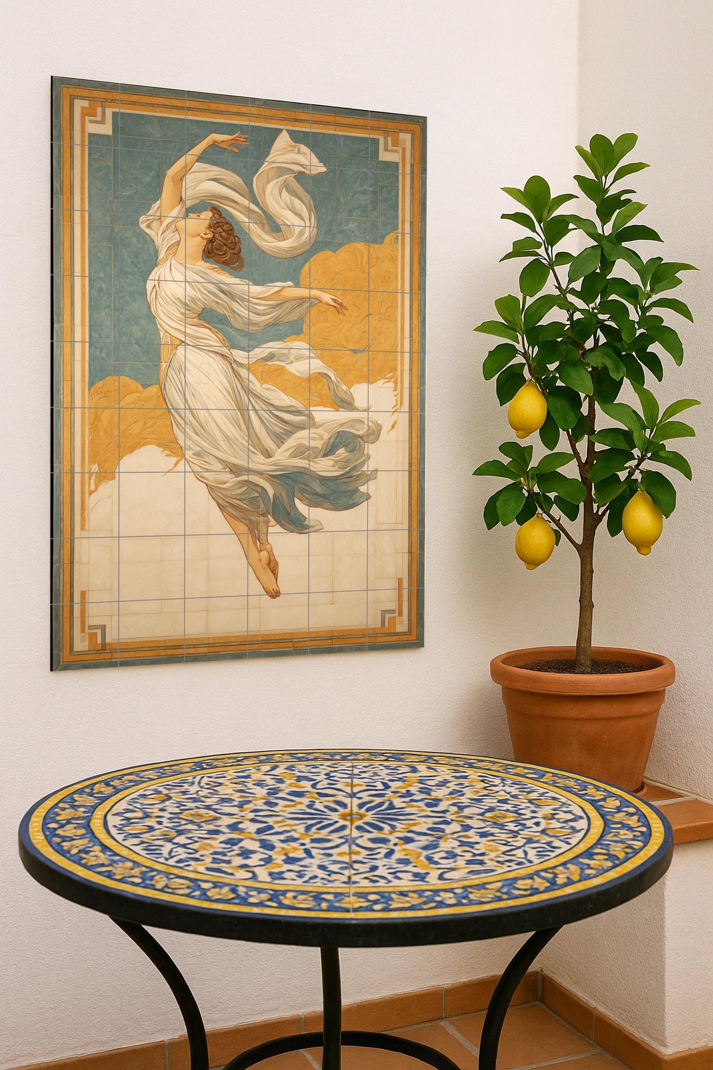 Celestial Grace – Neoclassical ceramic mural of a clothed muse, mural composition of mythical tiles with ethereal movement and timeless ornament.