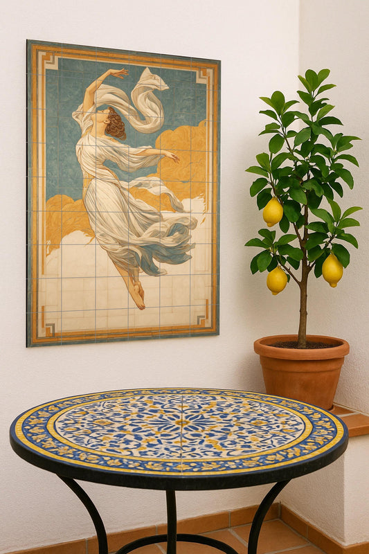 Celestial Grace – Neoclassical ceramic mural of a clothed muse, mural composition of mythical tiles with ethereal movement and timeless ornament.