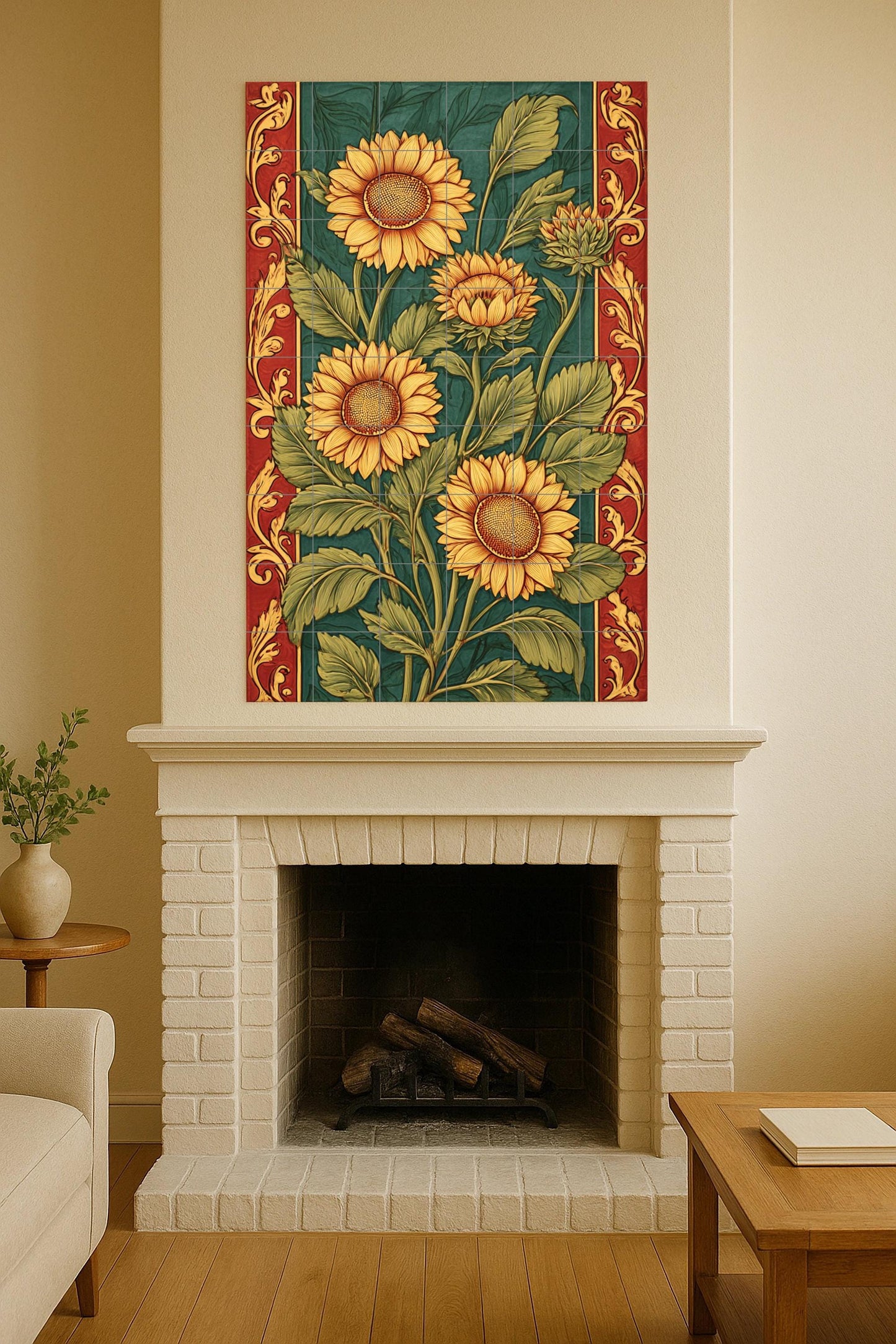 Symphony of Golden Sunflowers: Ornamental ceramic mural with green leaves and crimson details, composition of handcrafted flowering tile wall.