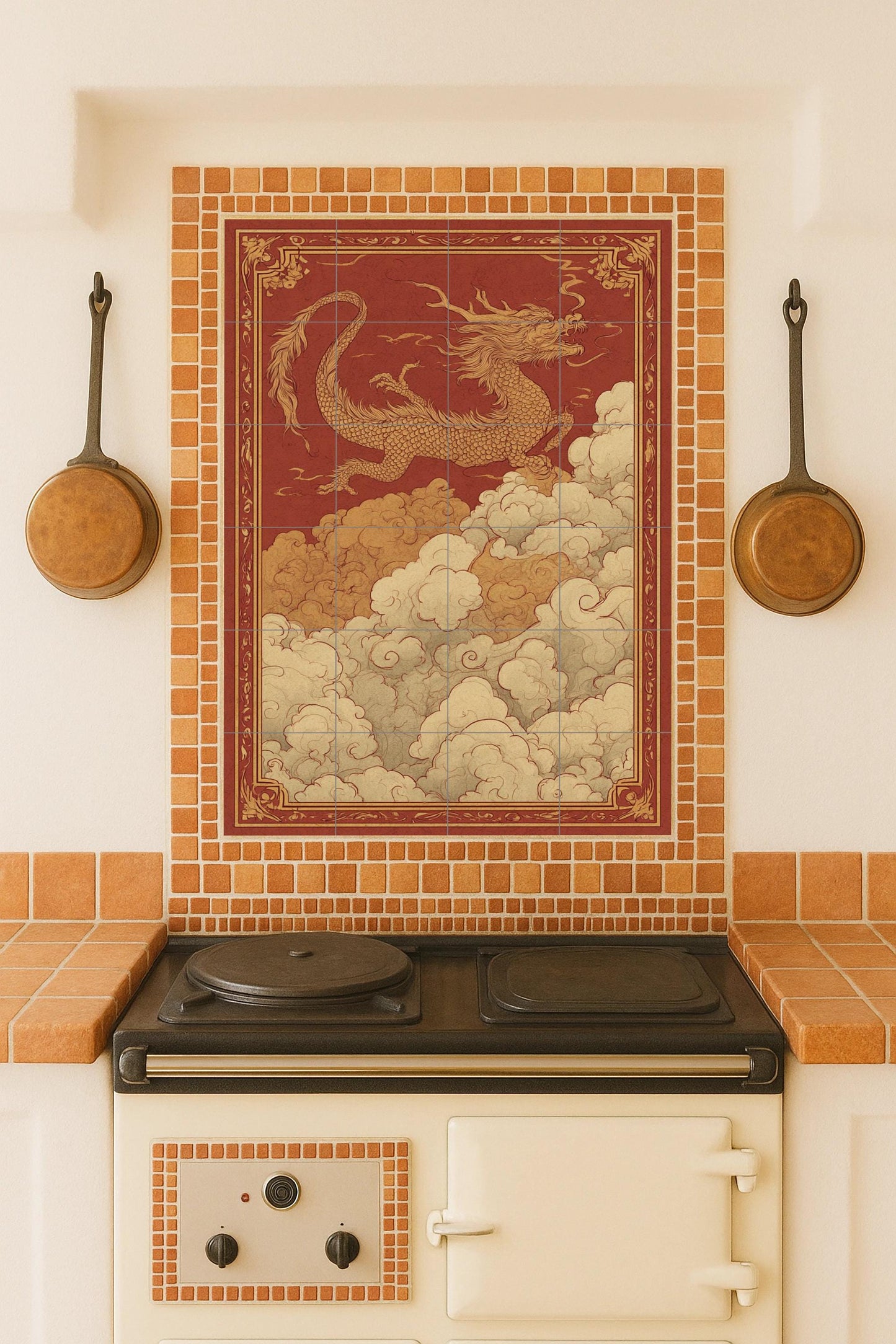 Ascent of the Crimson Dragon: Mythical ceramic mural in gold and red, composition of celestial tiles with ornamental clouds and majestic details.