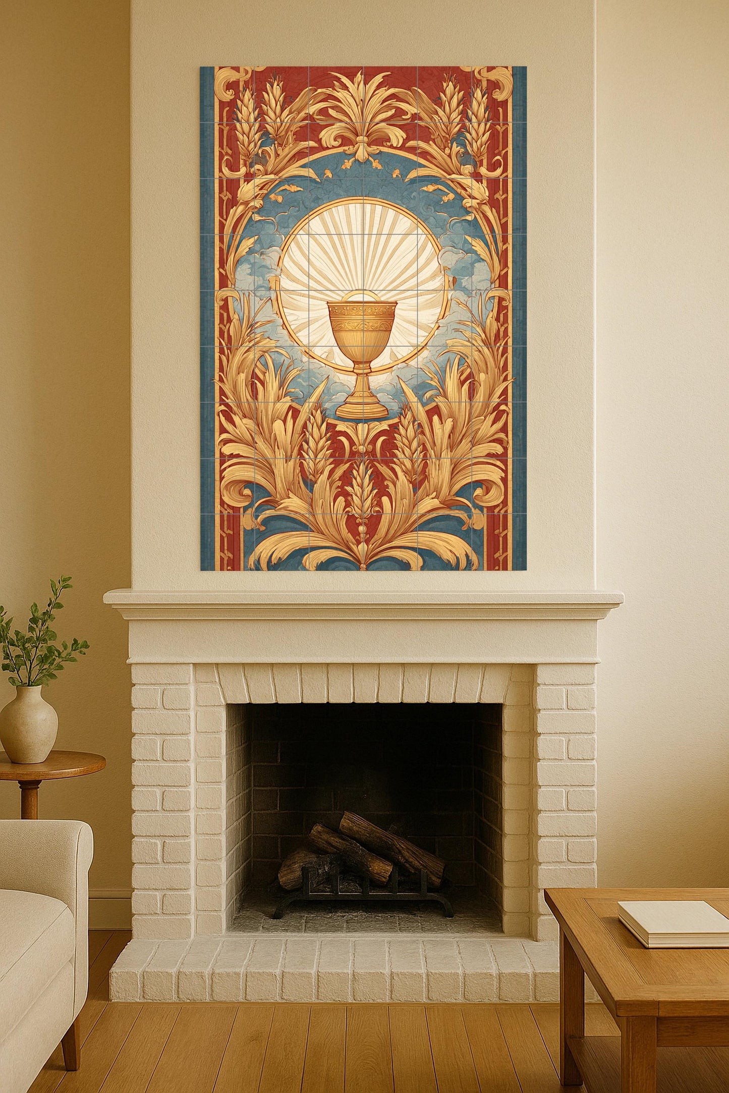 Illumination of the Golden Chalice: Sacred Wheat Ceramic Mural, Tile Art with Radiant Symbolism, Celestial Ornament in Deep Blue Terracotta.