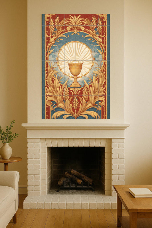Illumination of the Golden Chalice: Sacred Wheat Ceramic Mural, Tile Art with Radiant Symbolism, Celestial Ornament in Deep Blue Terracotta.