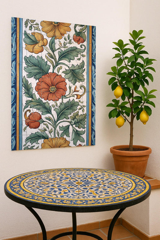 Valencia Bloom: lush ceramic mural with green foliage, golden flowers and handcrafted botanical harmony.