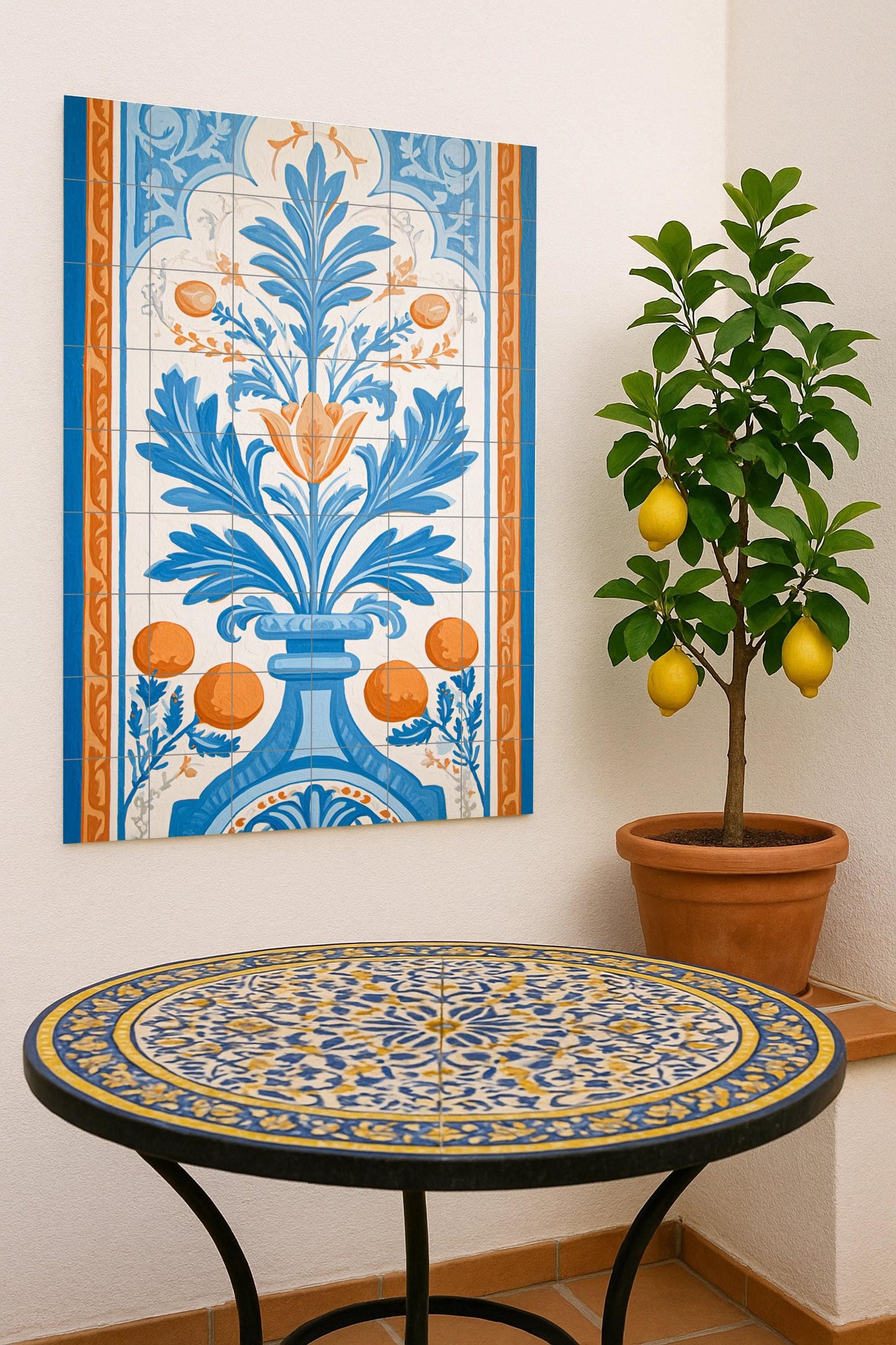 Ceramic mural from Marbella: Andalusian design in blue and orange, Mediterranean floral art, classic Spanish wall decoration