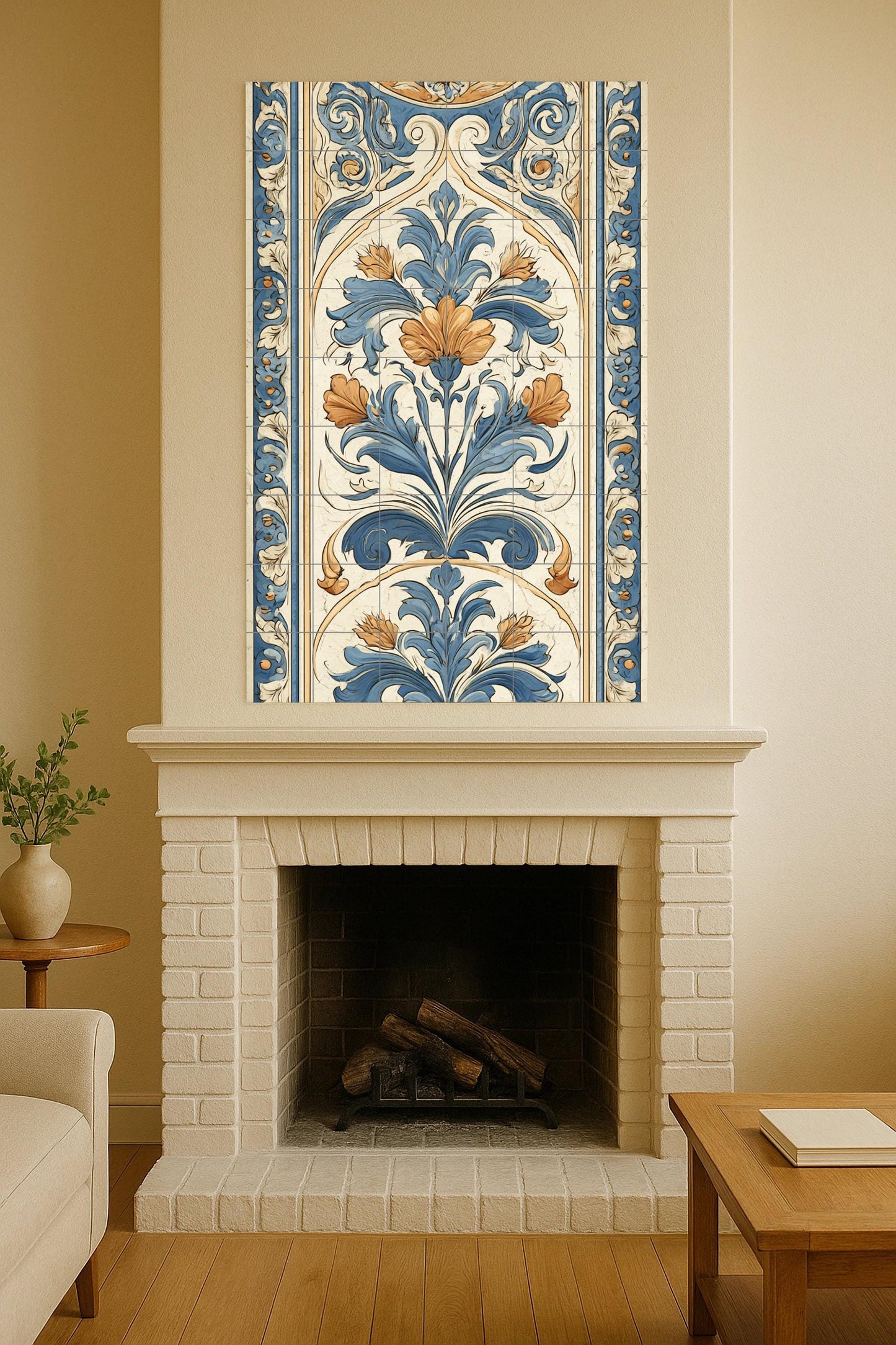 Moscow ceramic mural: Imperial floral ornament, blue and gold baroque design, classical art, decorative wall piece.