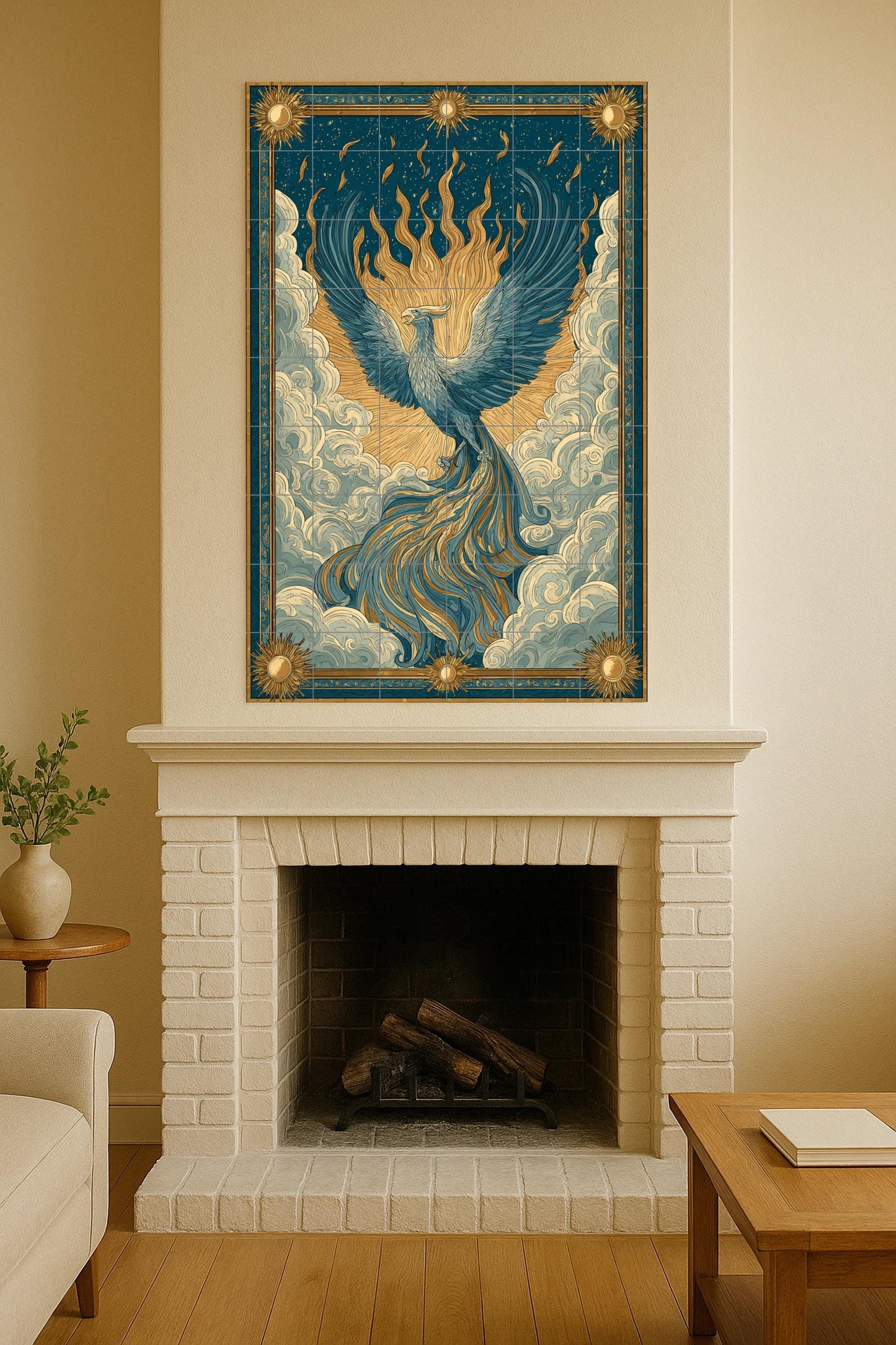 Ceramic mural of the Phoenix in Ascent: Mythological art of the firebird, celestial composition, symbol of rebirth, ornate golden decorative design.