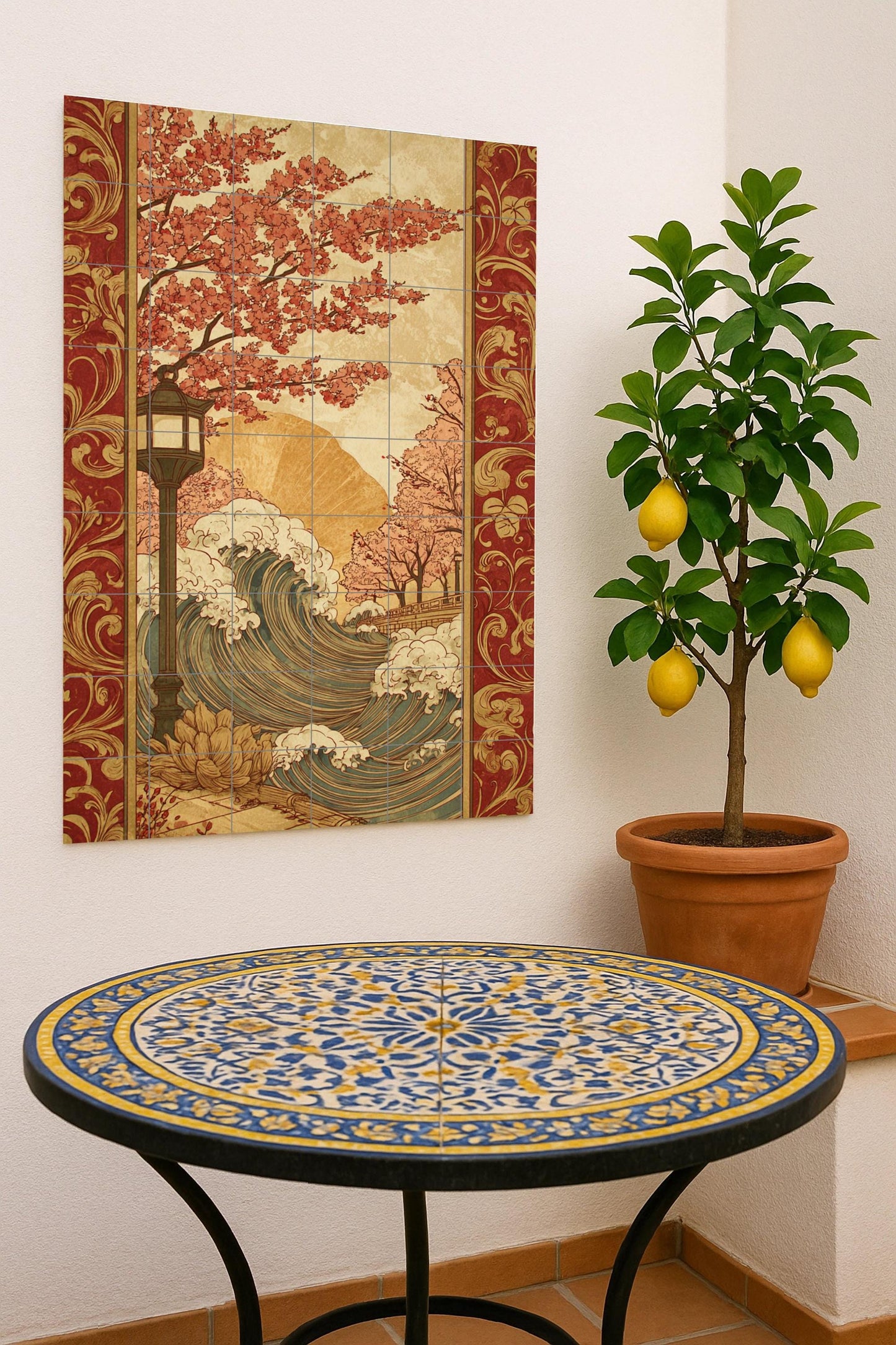 Ceramic mural of golden waves and flowers: vintage decorative art, oriental landscape, Art Nouveau floral design, flowing water