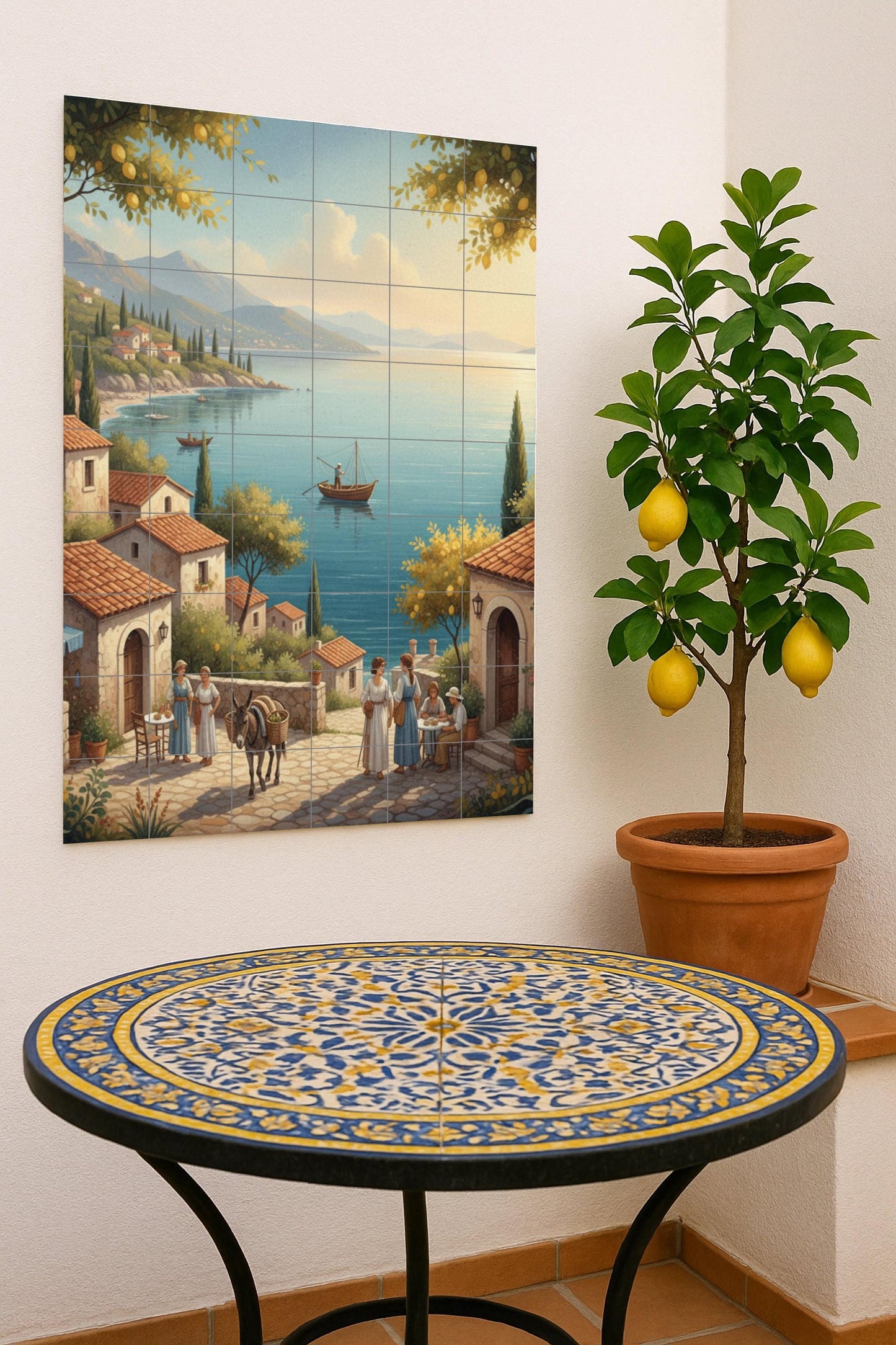 Morning in the Mediterranean – Ceramic mural with coastal village, lemon trees and sea views / Rustic mural art inspired by coastal life