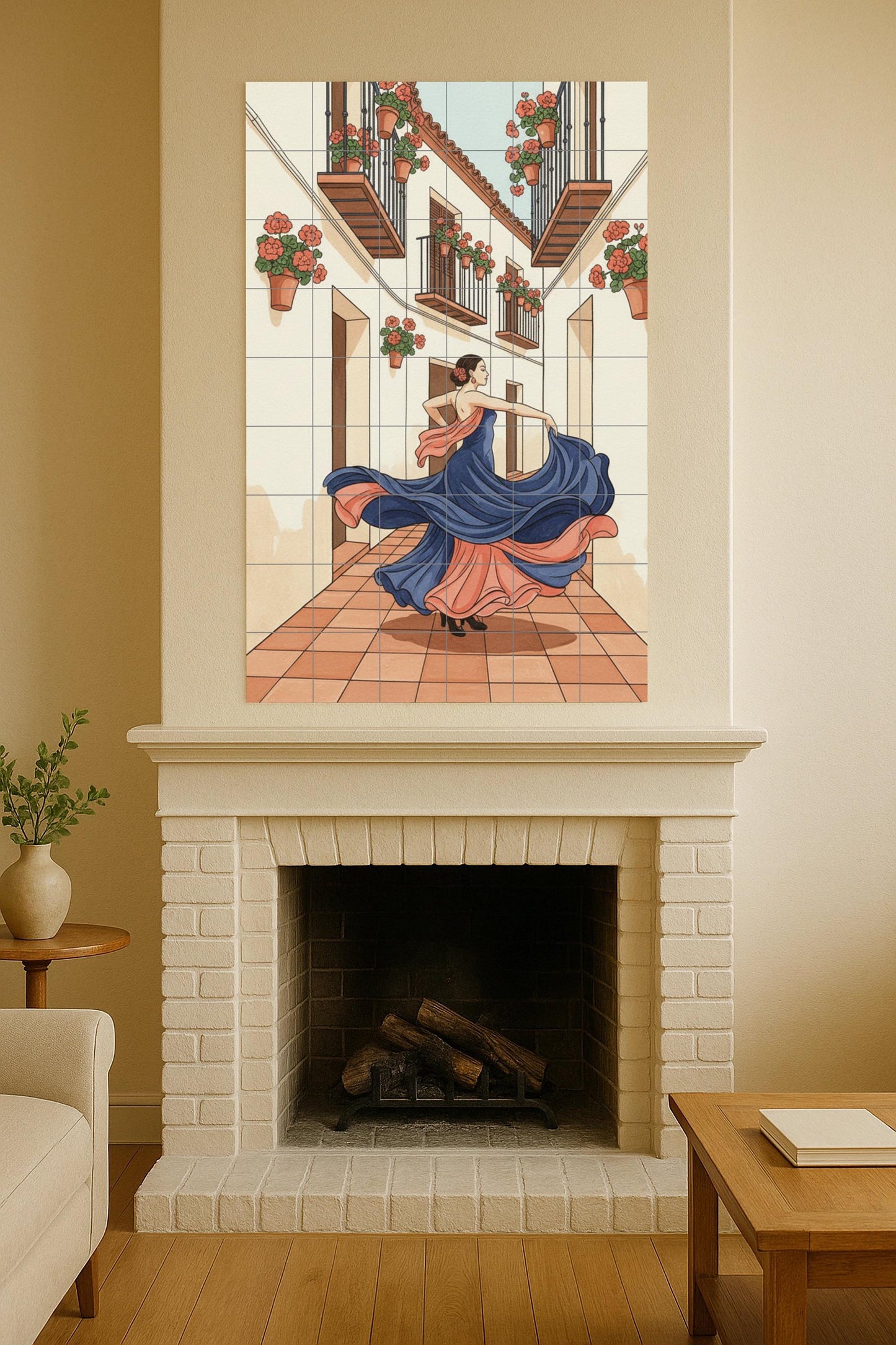Flamenco in the Courtyard – Spanish Ceramic Mural with Flamenco Dancer and Balconies / Mediterranean Mural Art Inspired by Andalusian Culture