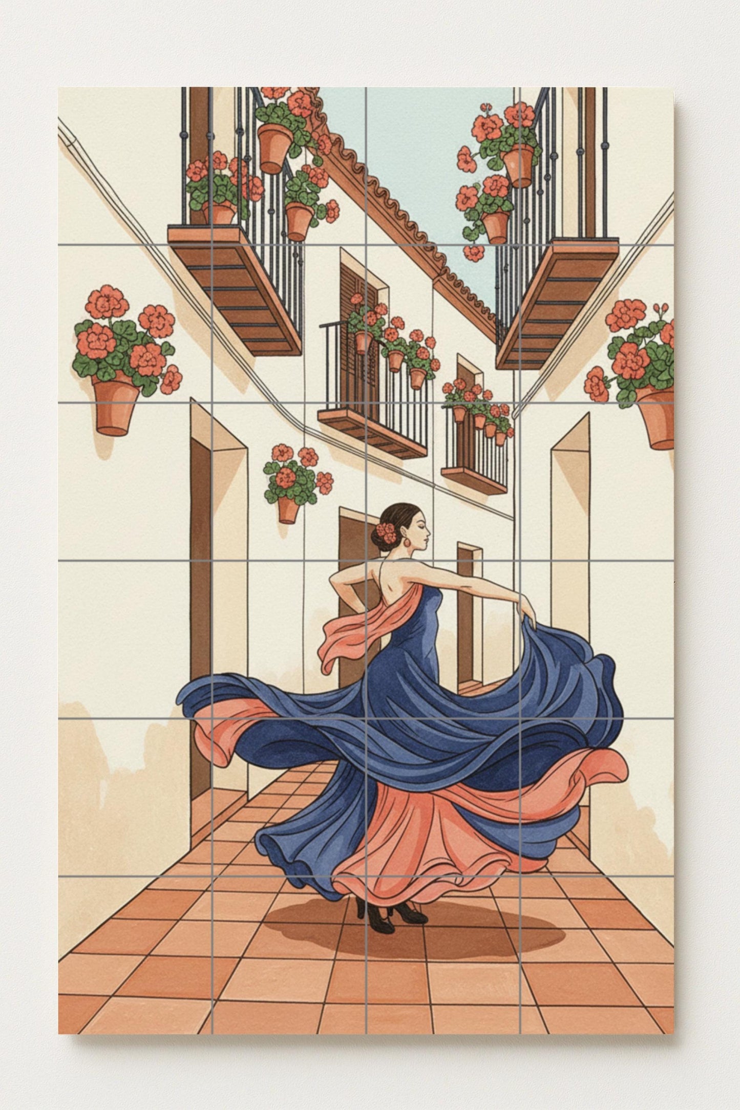 Flamenco in the Courtyard – Spanish Ceramic Mural with Flamenco Dancer and Balconies / Mediterranean Mural Art Inspired by Andalusian Culture