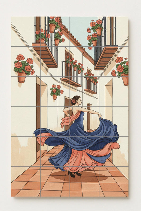 Flamenco in the Courtyard – Spanish Ceramic Mural with Flamenco Dancer and Balconies / Mediterranean Mural Art Inspired by Andalusian Culture