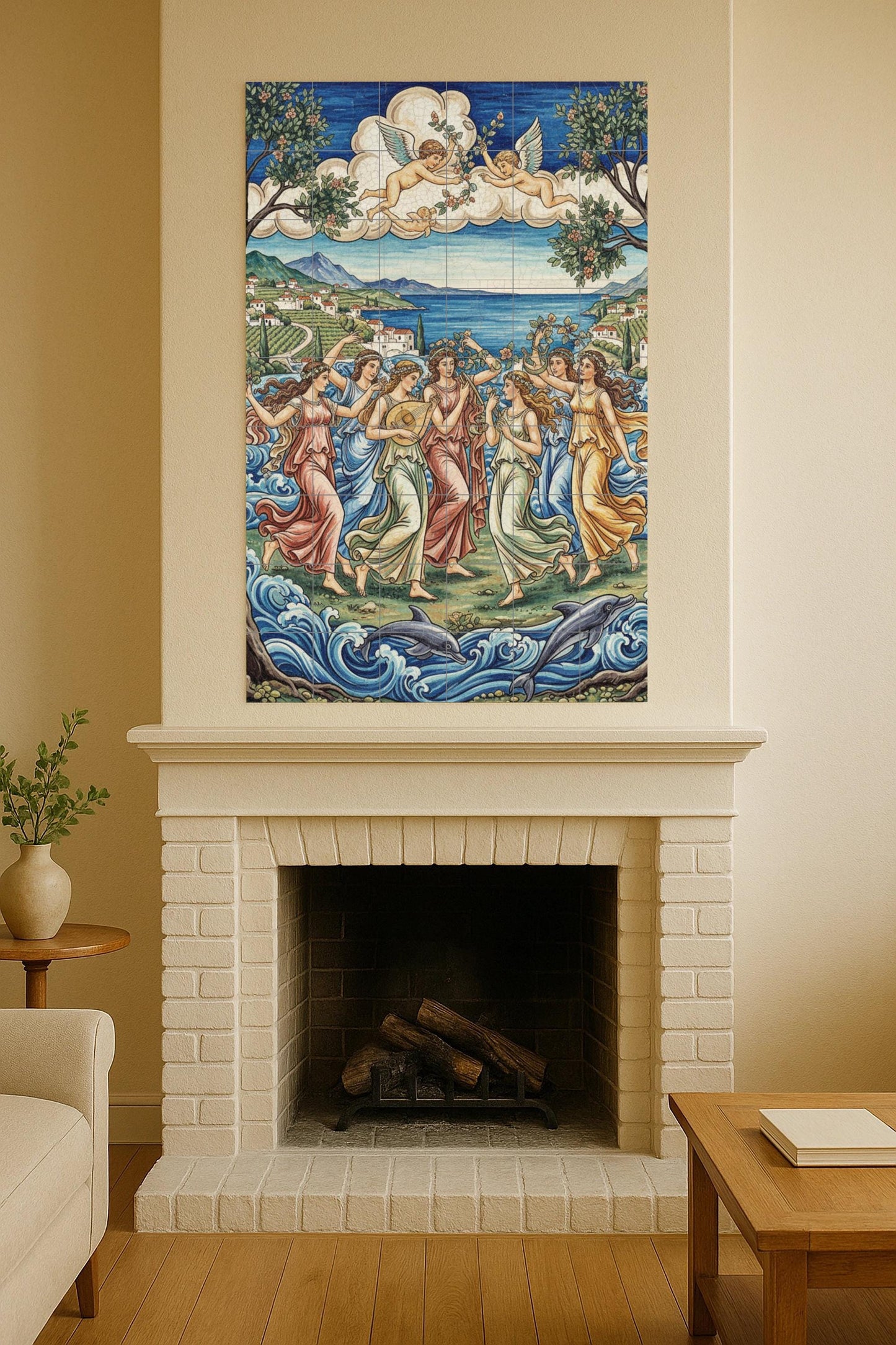 Dance of the Muses – Mythological ceramic mural with goddesses, cherubs and dolphins / Mediterranean artistic mural art