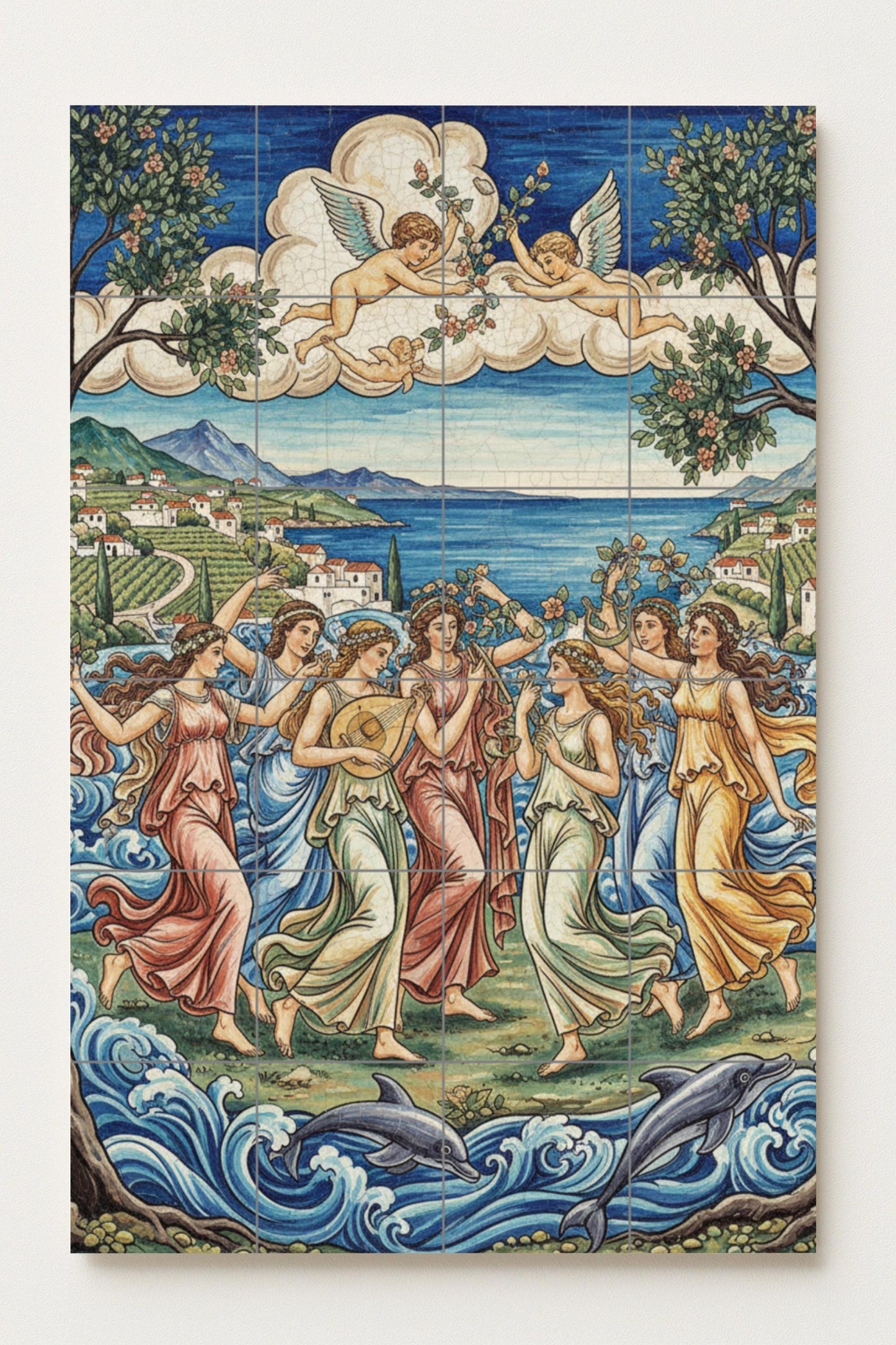 Dance of the Muses – Mythological ceramic mural with goddesses, cherubs and dolphins / Mediterranean artistic mural art