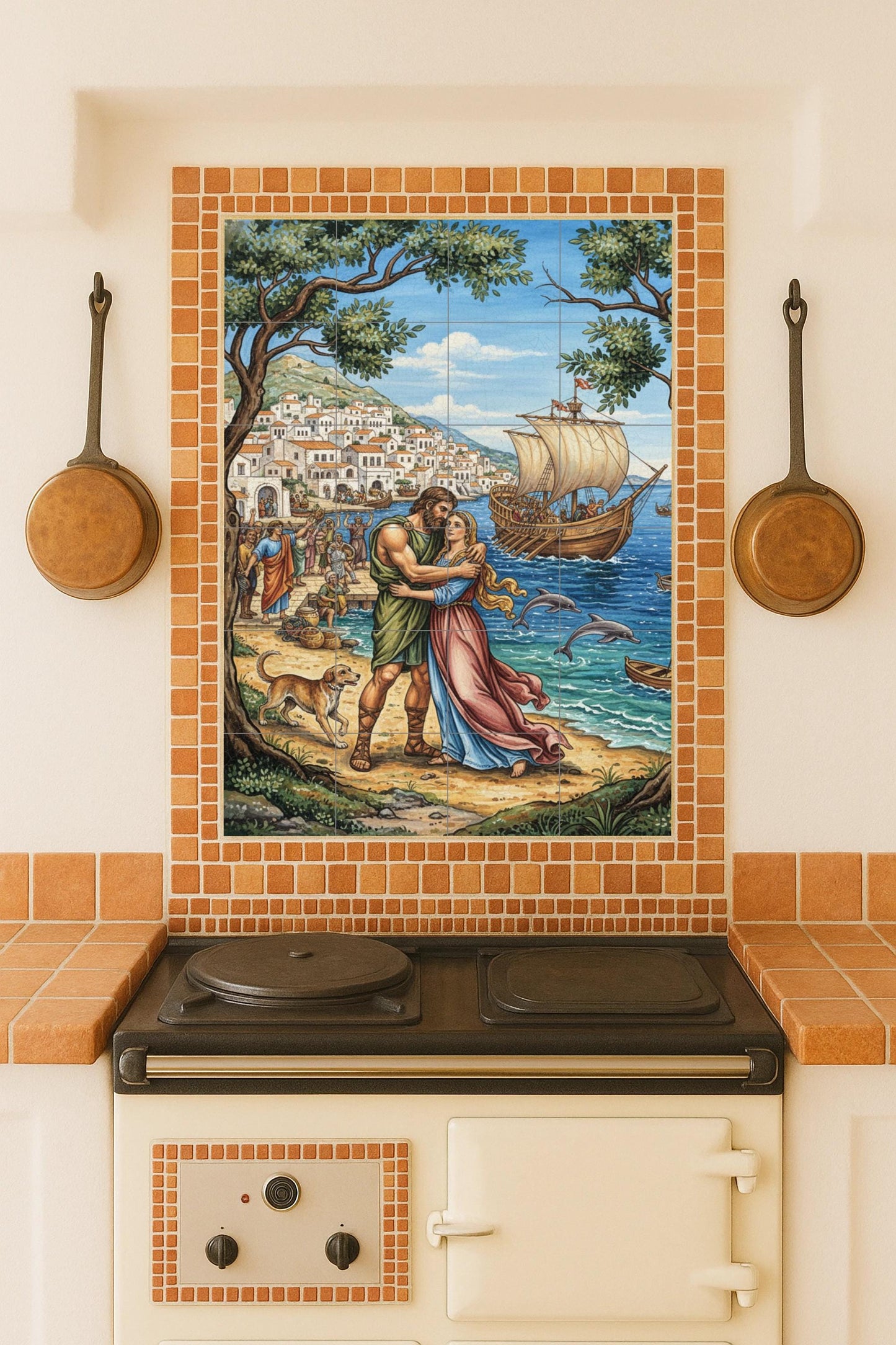 The Return of Odysseus – Mythological ceramic mural with lovers by the sea and a Greek village / Mediterranean artistic mural art