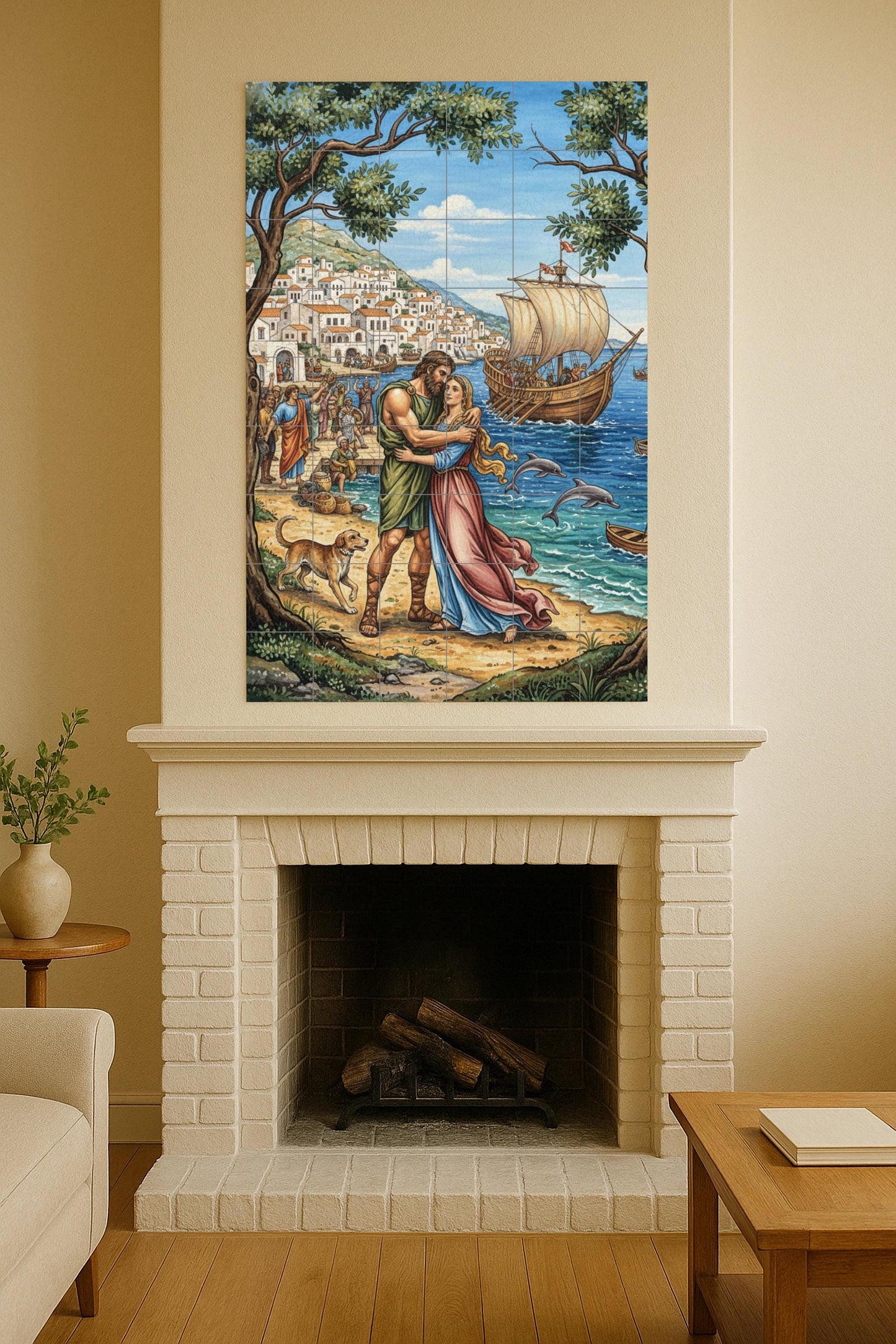 The Return of Odysseus – Mythological ceramic mural with lovers by the sea and a Greek village / Mediterranean artistic mural art