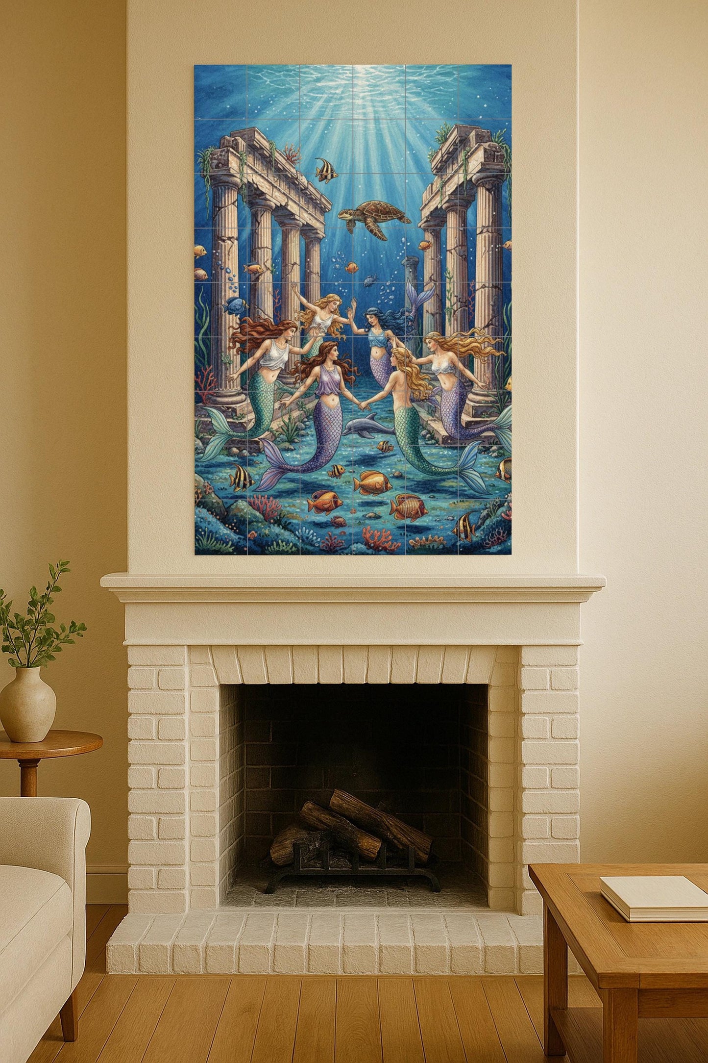 Dance of the Mermaids – Mythological ceramic mural with mermaids, dolphins and ancient ruins / Underwater artistic mural