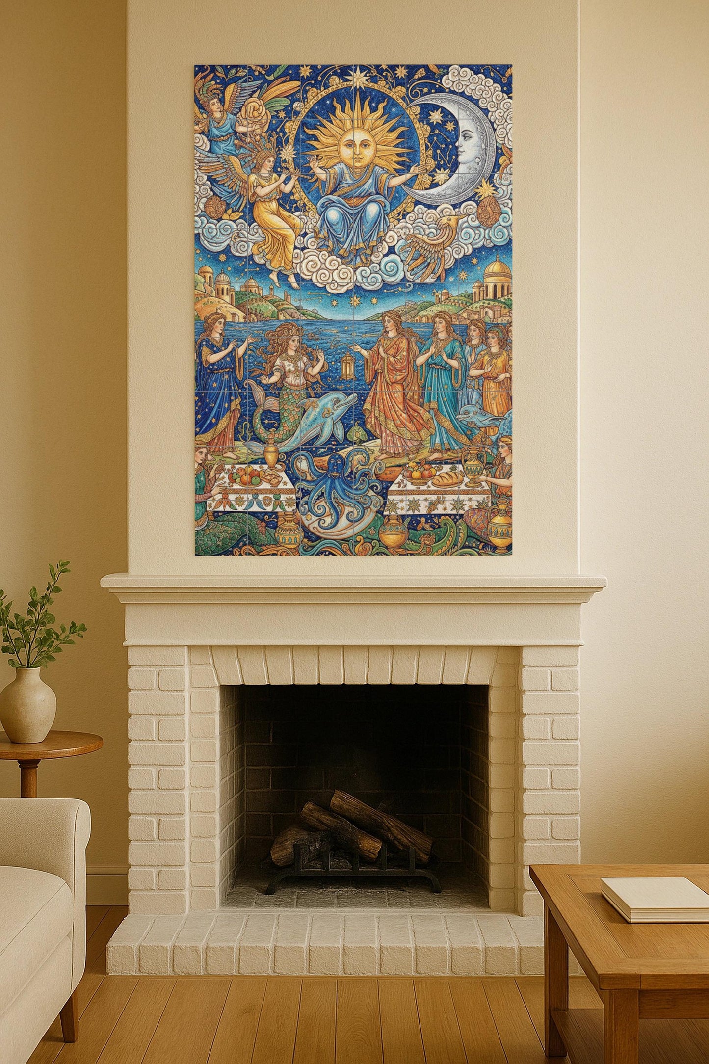 Festival of the Sun and the Moon – Mythological ceramic mural with goddesses, mermaids and sea creatures / Mediterranean artistic mural art